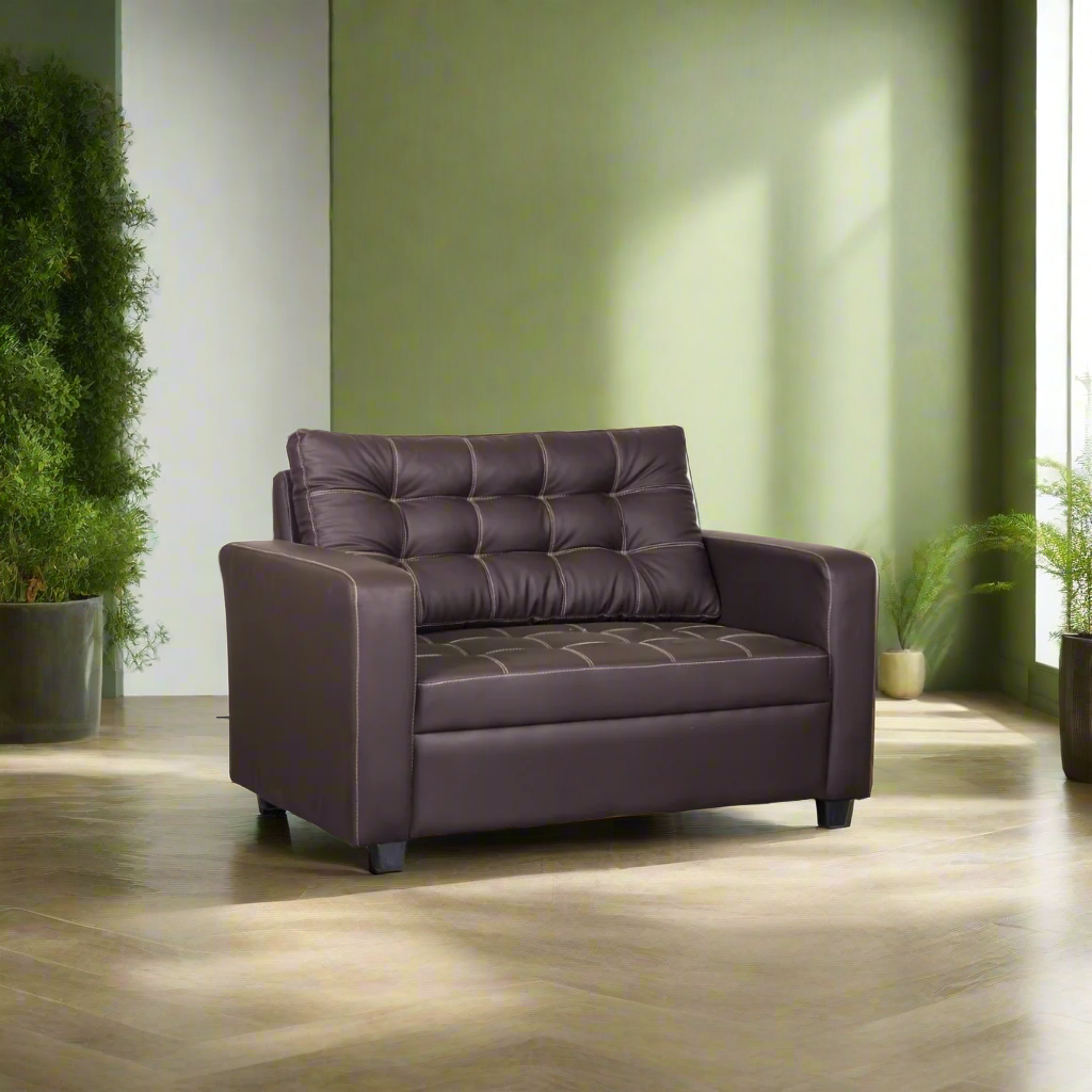 WILLIAM 2-seater sofa, dark brown leather-look, front view with tufted back cushion