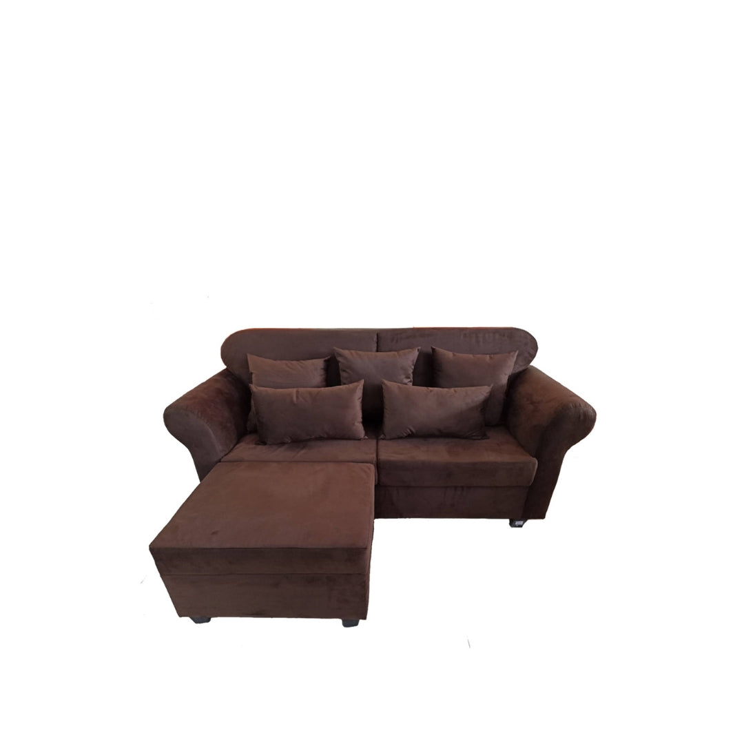 Dark brown 3-seater sectional sofa with chaise, three seat cushions, and four pillows