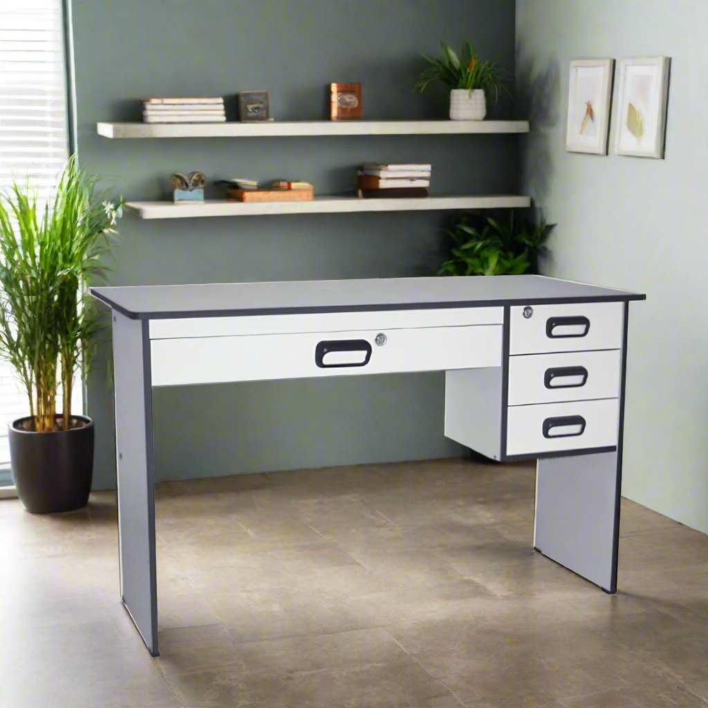 Gray clerical table with white drawer fronts and side storage