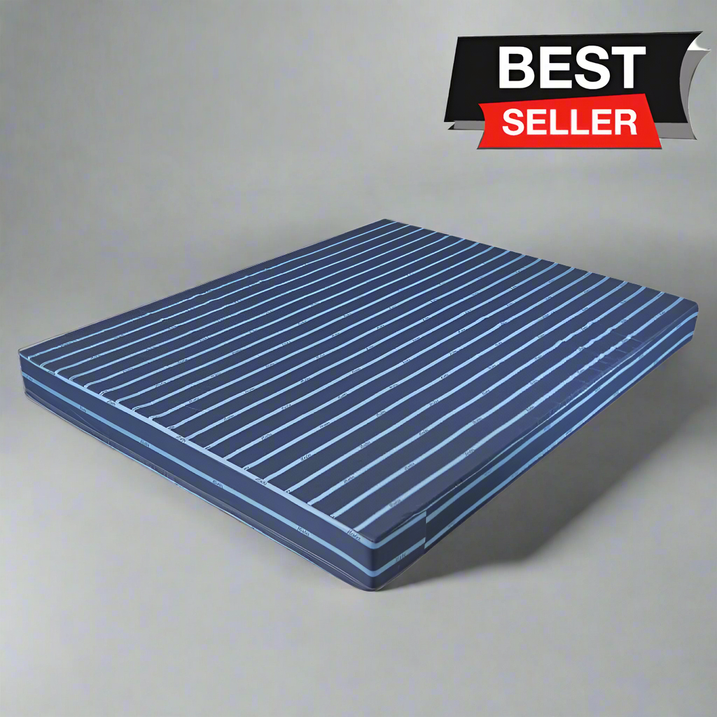 6-inch thin cotton mattress with striped blue top and dark blue side panels