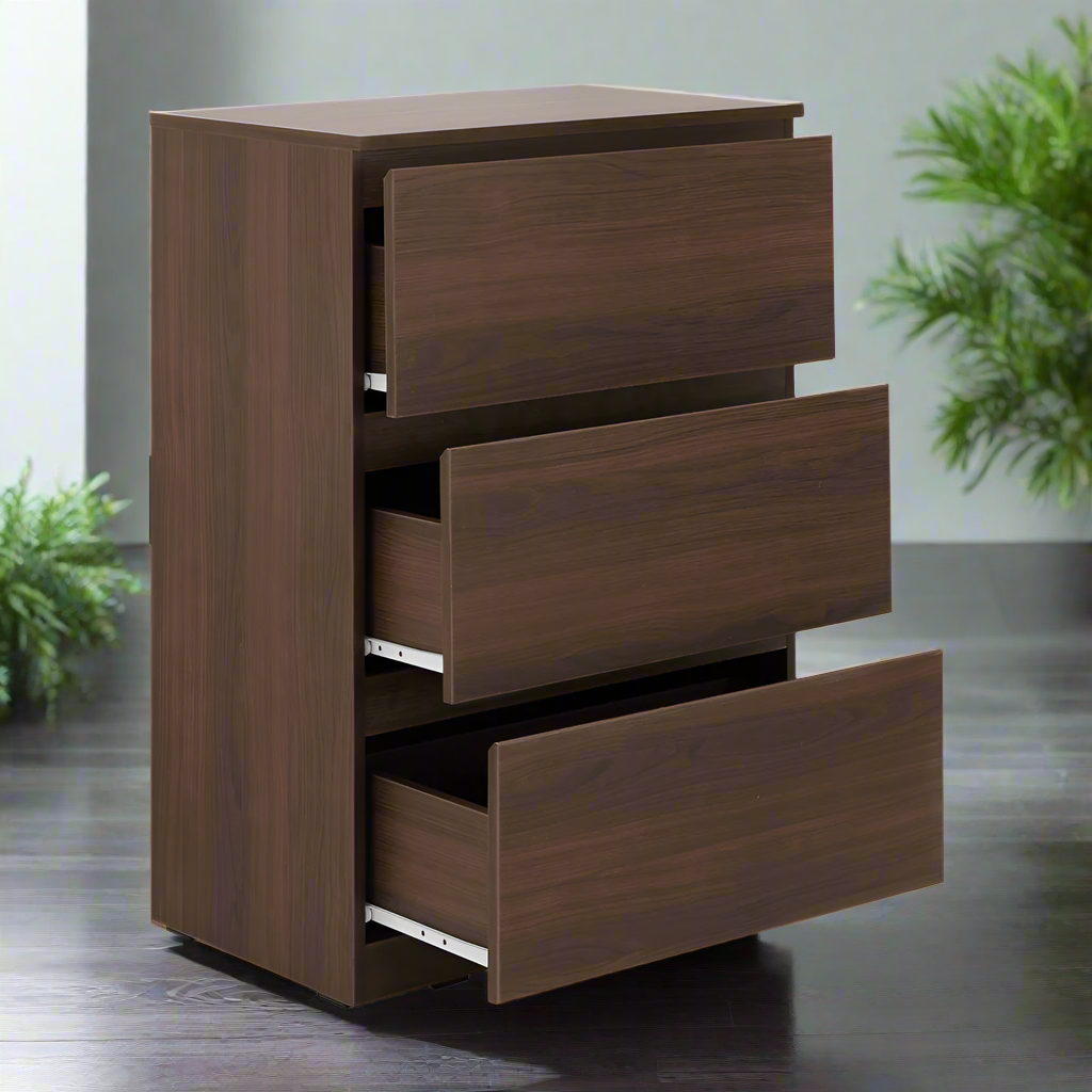 3-drawer chest with dark brown wood finish, three drawers, and flat top