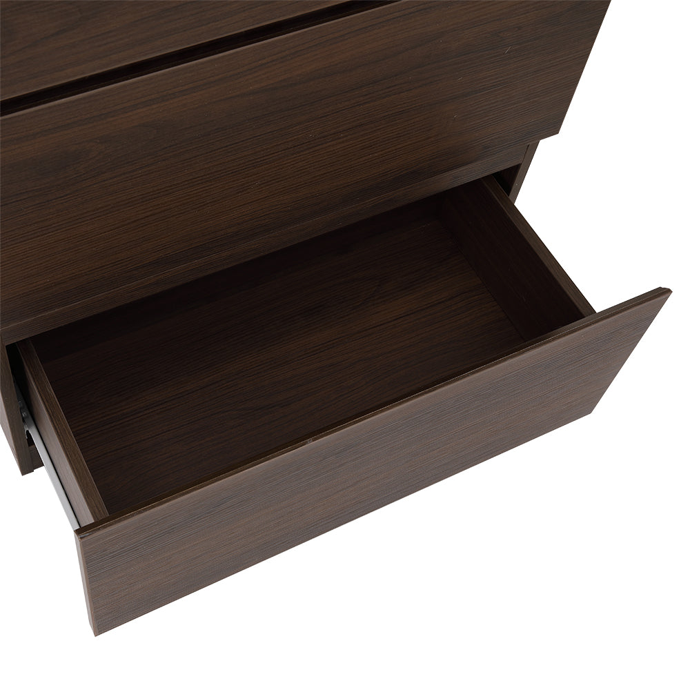 3-drawer chest with open drawer, showing dark brown interior and metal drawer slides