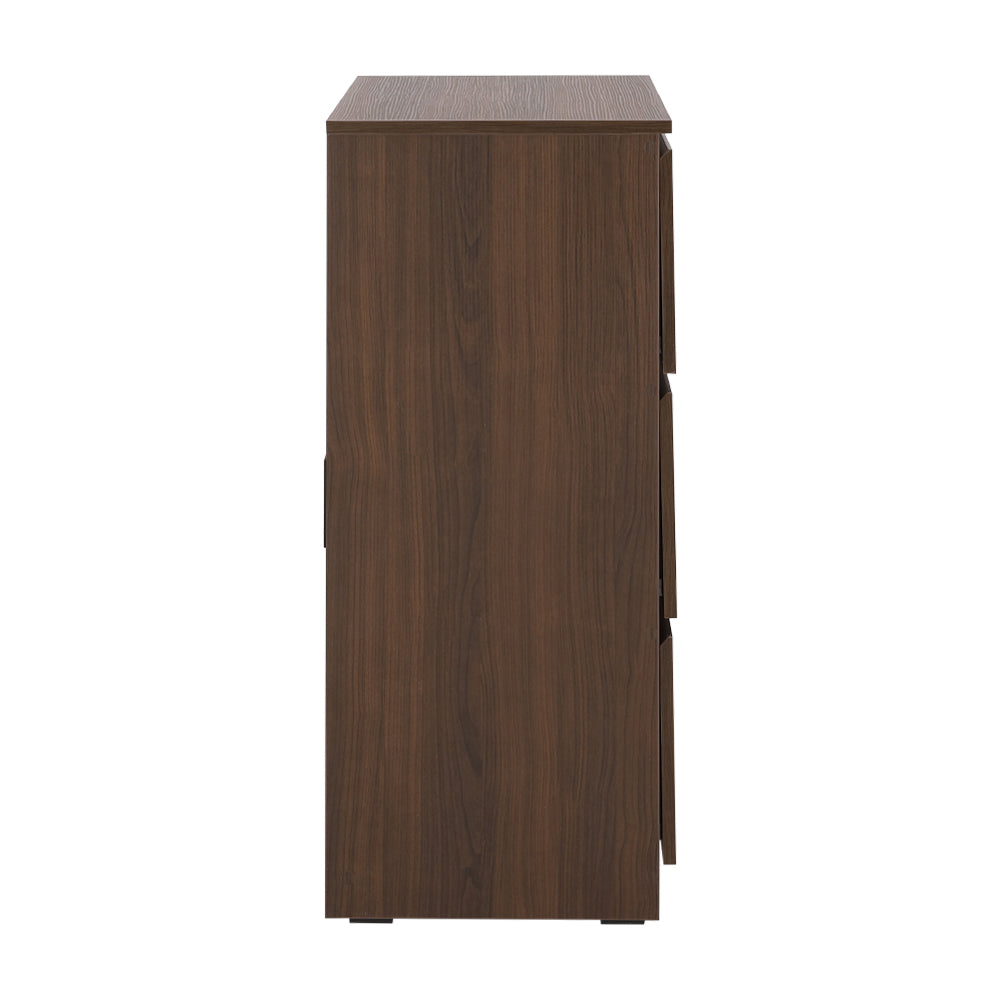 3-drawer chest side view with dark brown wood panels and flat top