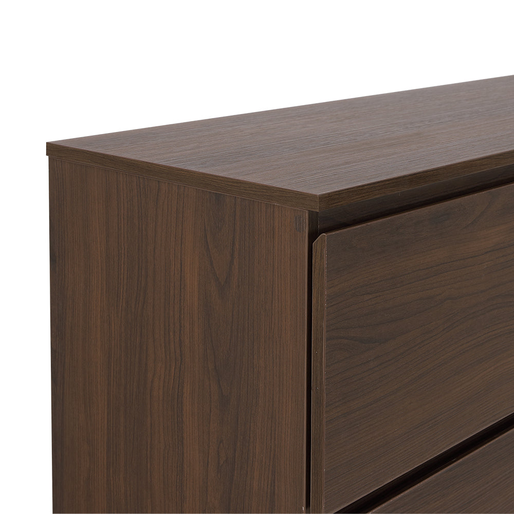Dark wood chest of 6 drawers corner with smooth top and panel seams