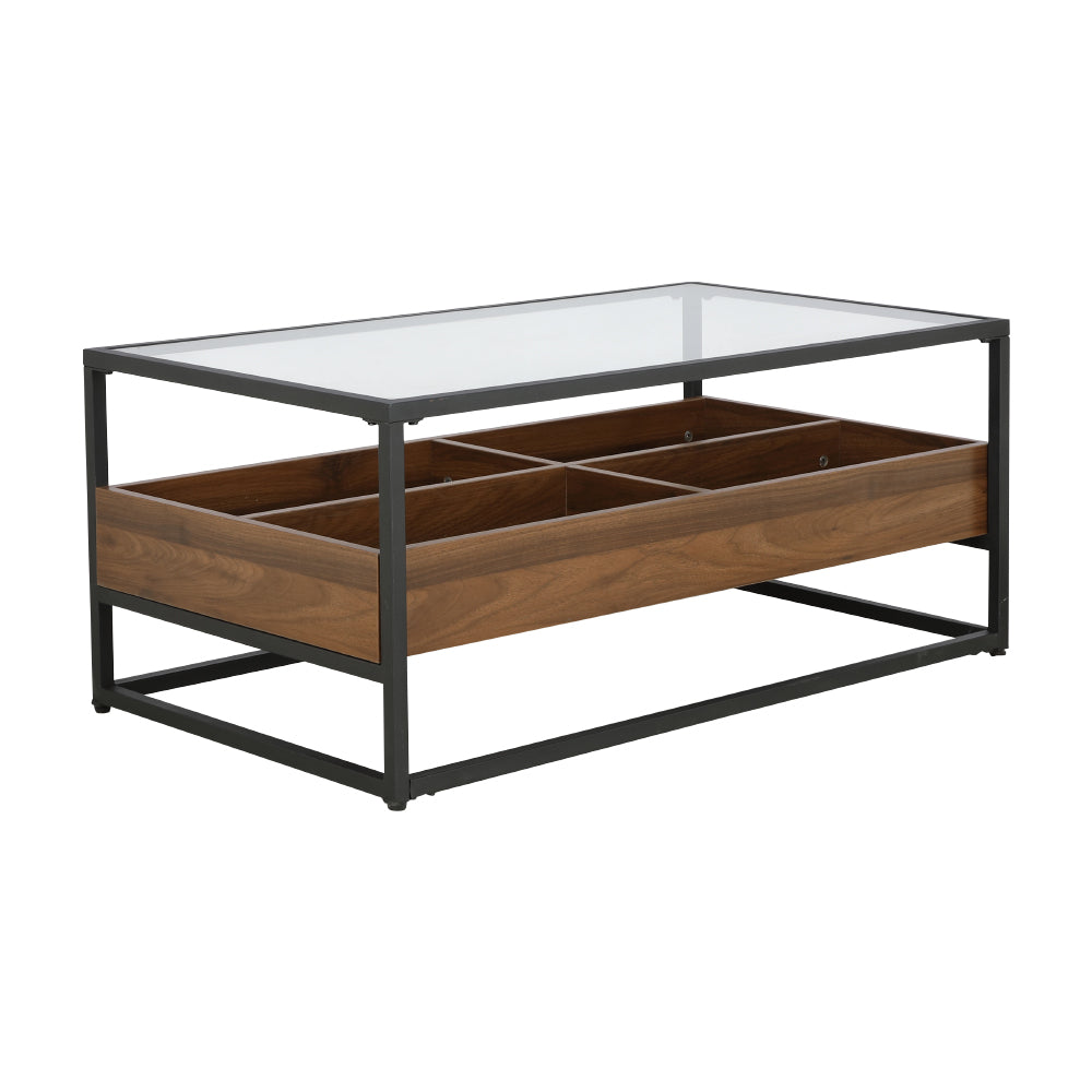Center table with glass top, dark metal frame, wooden drawer with compartment dividers