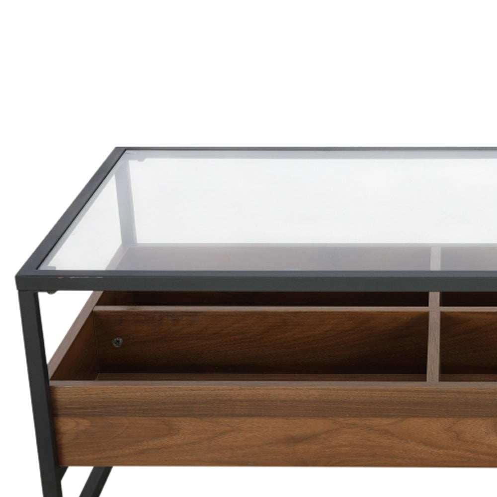 Center table drawer interior with dark metal supports and wood panels under glass top