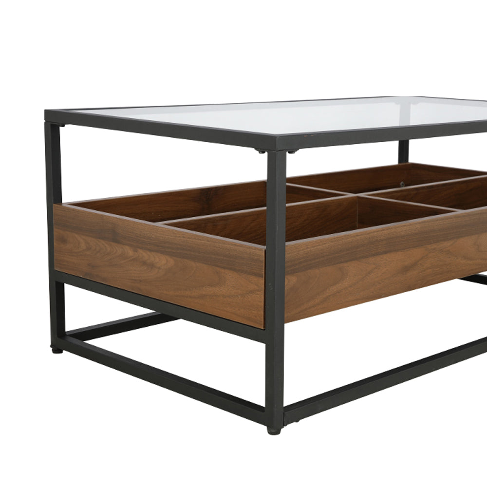 Center table with glass top, dark metal legs, wooden drawer with open storage compartments