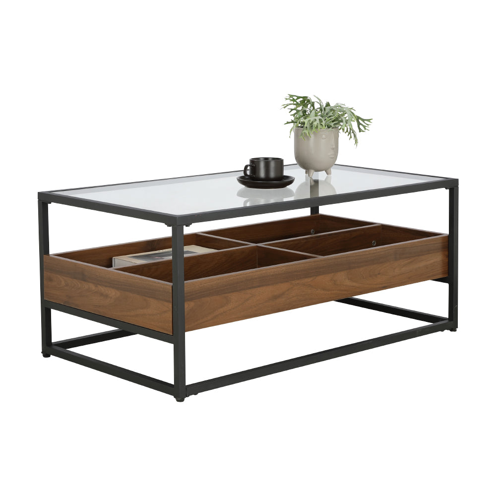 Center table with glass top, dark metal frame, wooden drawer with multiple compartment sections