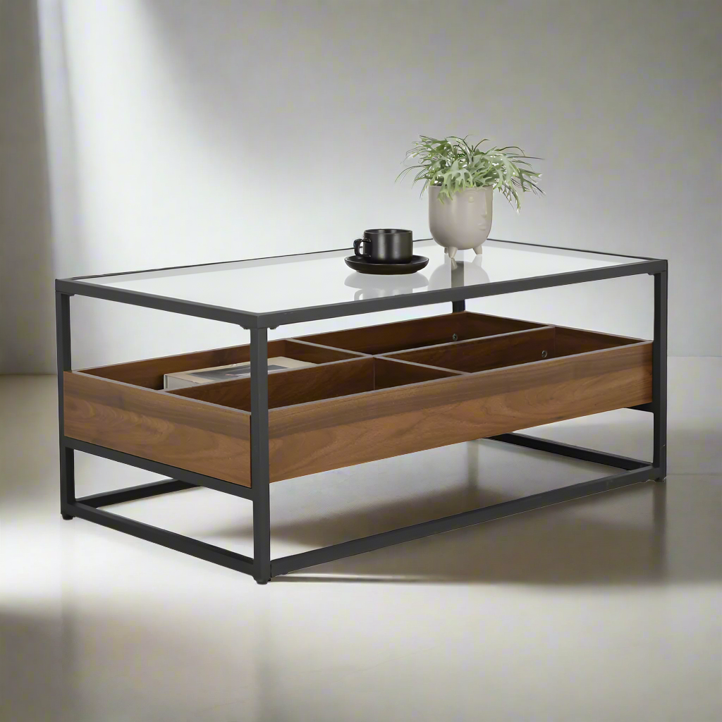 Center table with glass top, dark metal frame, wooden drawer with compartment dividers
