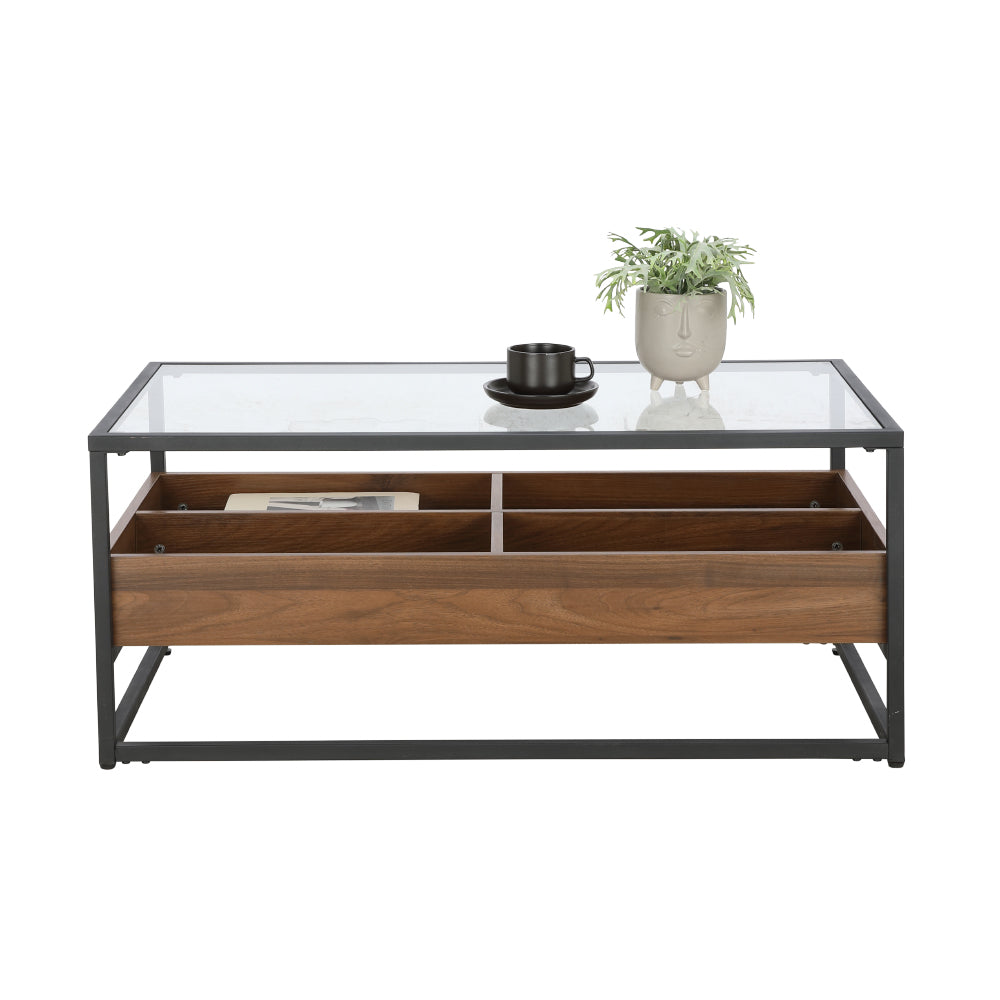 Center table with glass top, dark metal frame, open wooden drawer with central divider