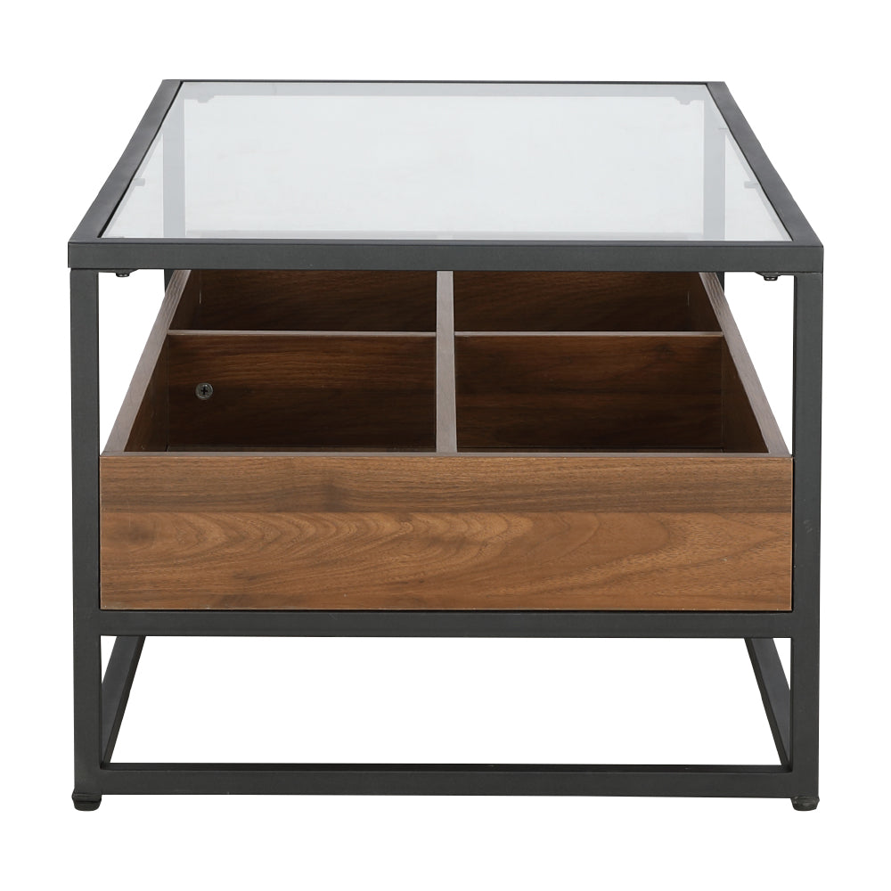 Center table with glass top, dark metal frame, open wooden drawer with two interior bins