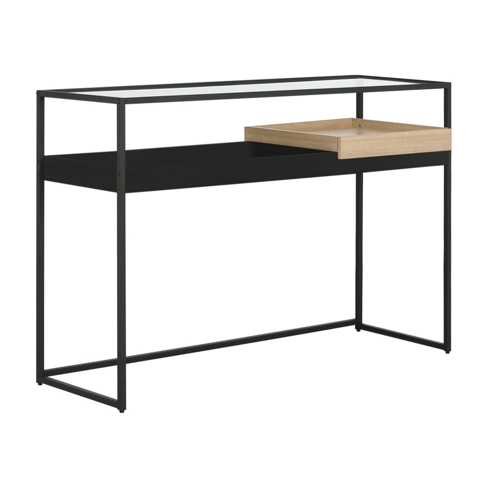 WARWICK console table with black metal frame and light wood drawer shelf