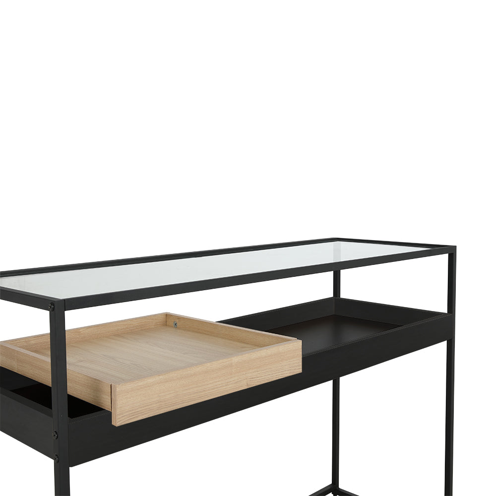 WARWICK console table detail with black base and light wood drawer insert