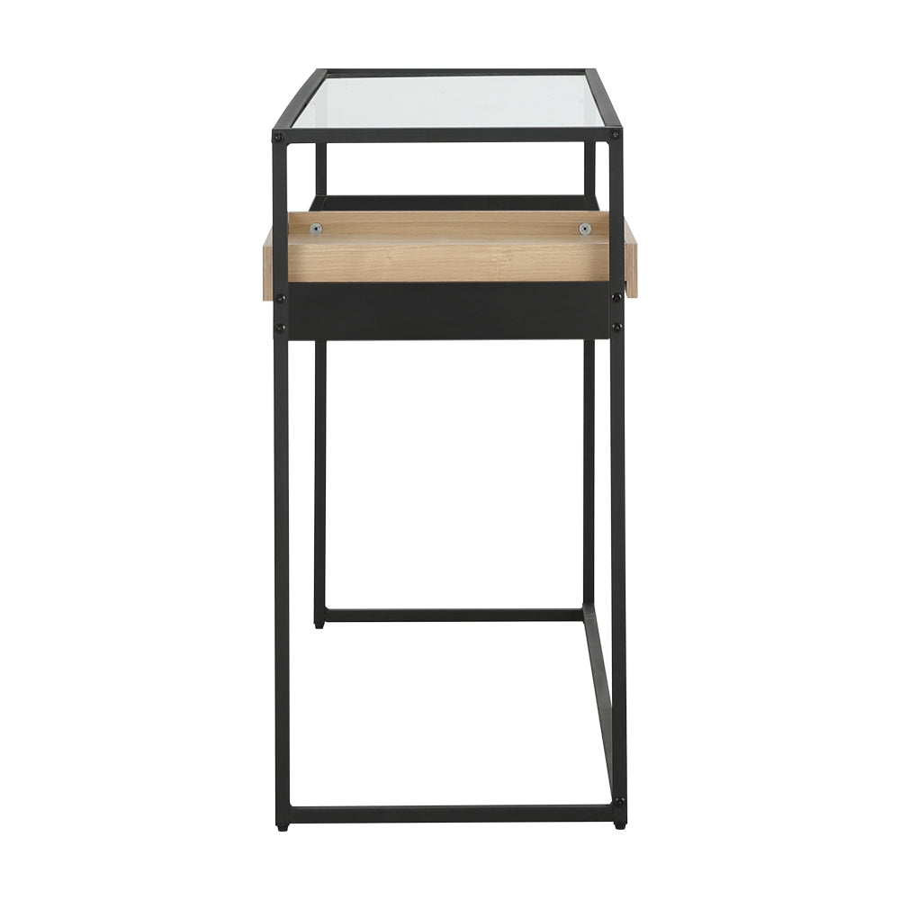 WARWICK console table end view with black frame and light wood drawer front
