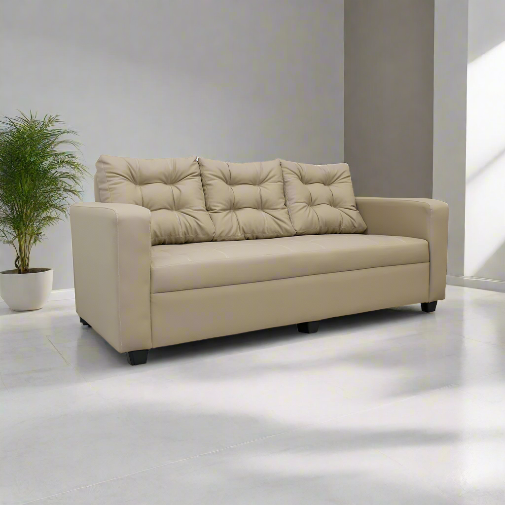 Beige 3-seater sofa with tufted back cushions and padded seat