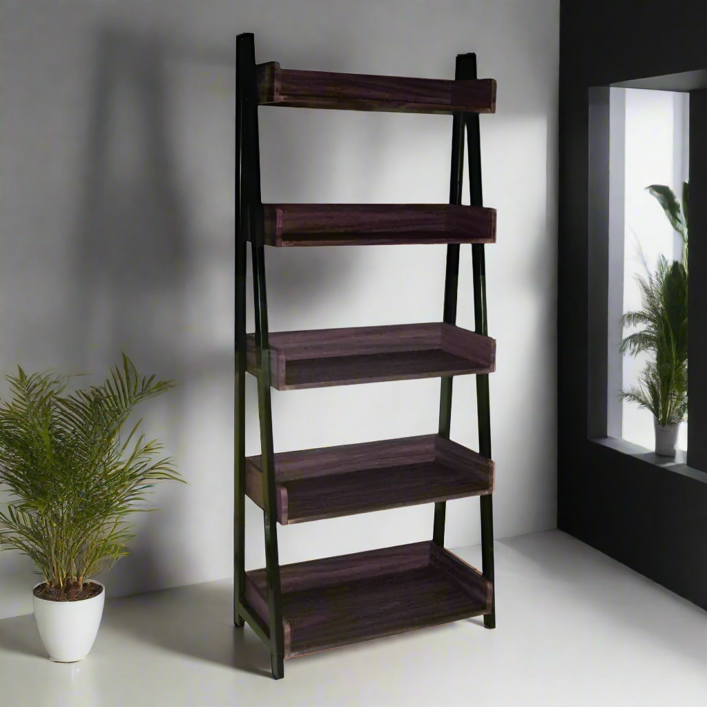 Walnut wooden bookshelf with four open shelves and dark side frames.