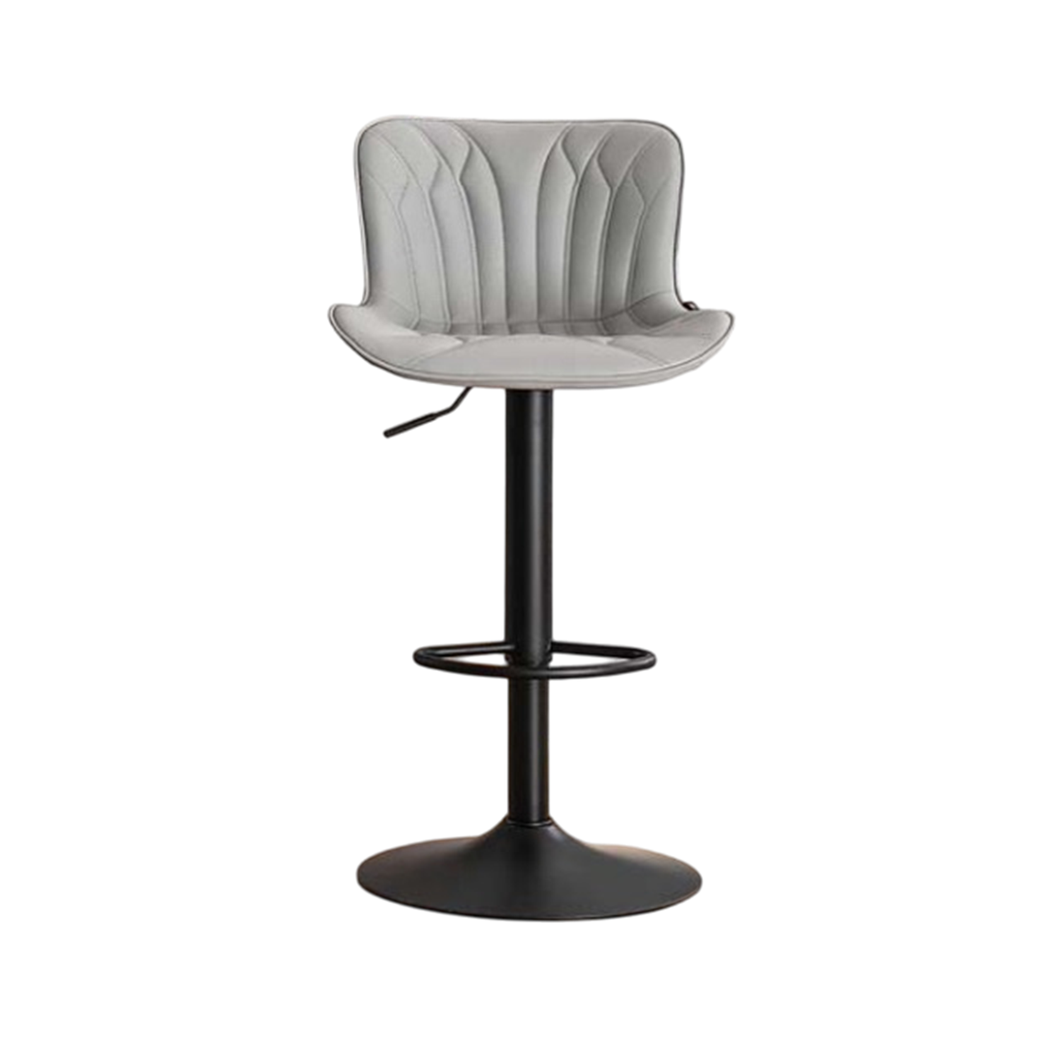 Gray upholstered bar chair with vertical channel back, rounded seat, black pedestal base