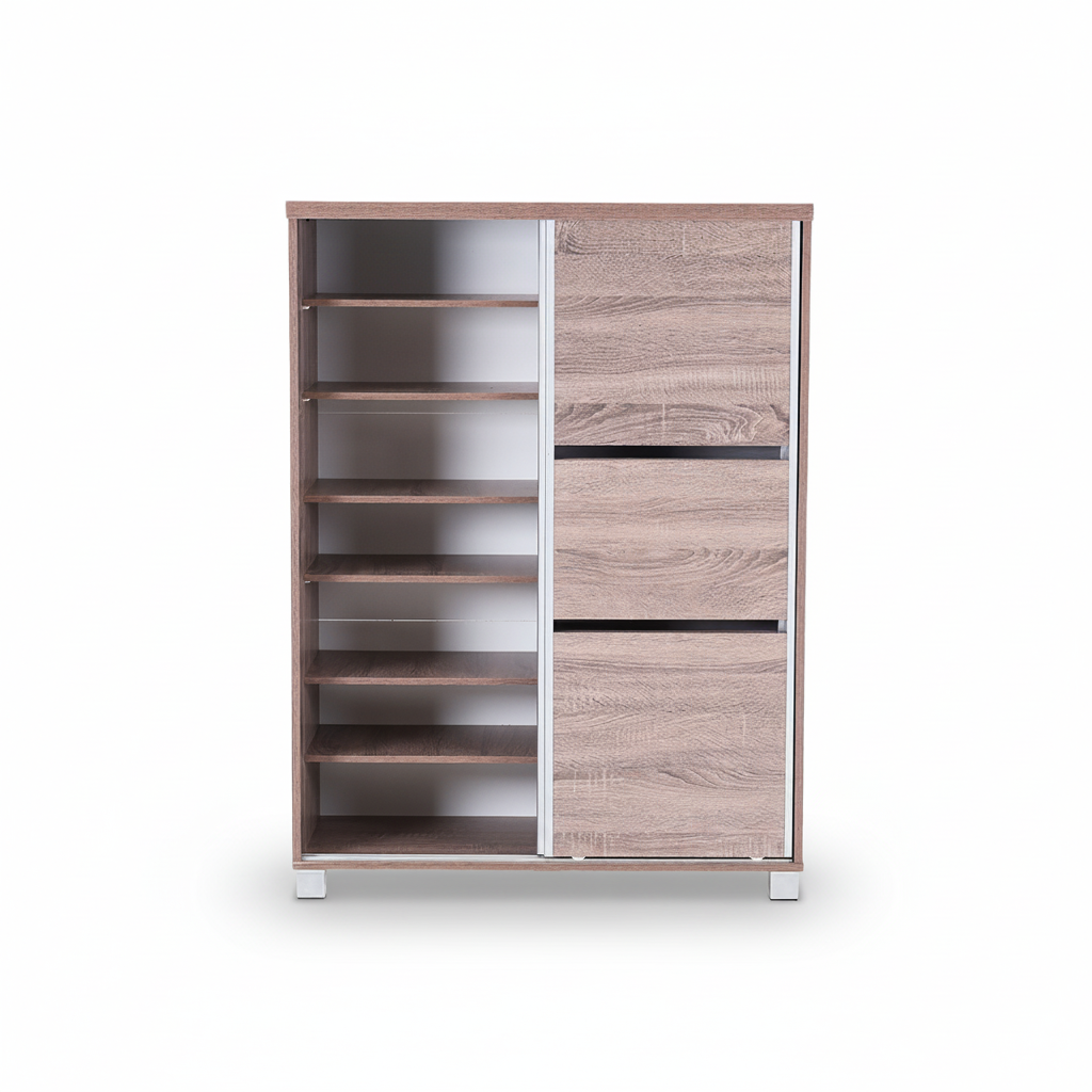 Two-door shoe cabinet with left door open revealing empty shelf rows