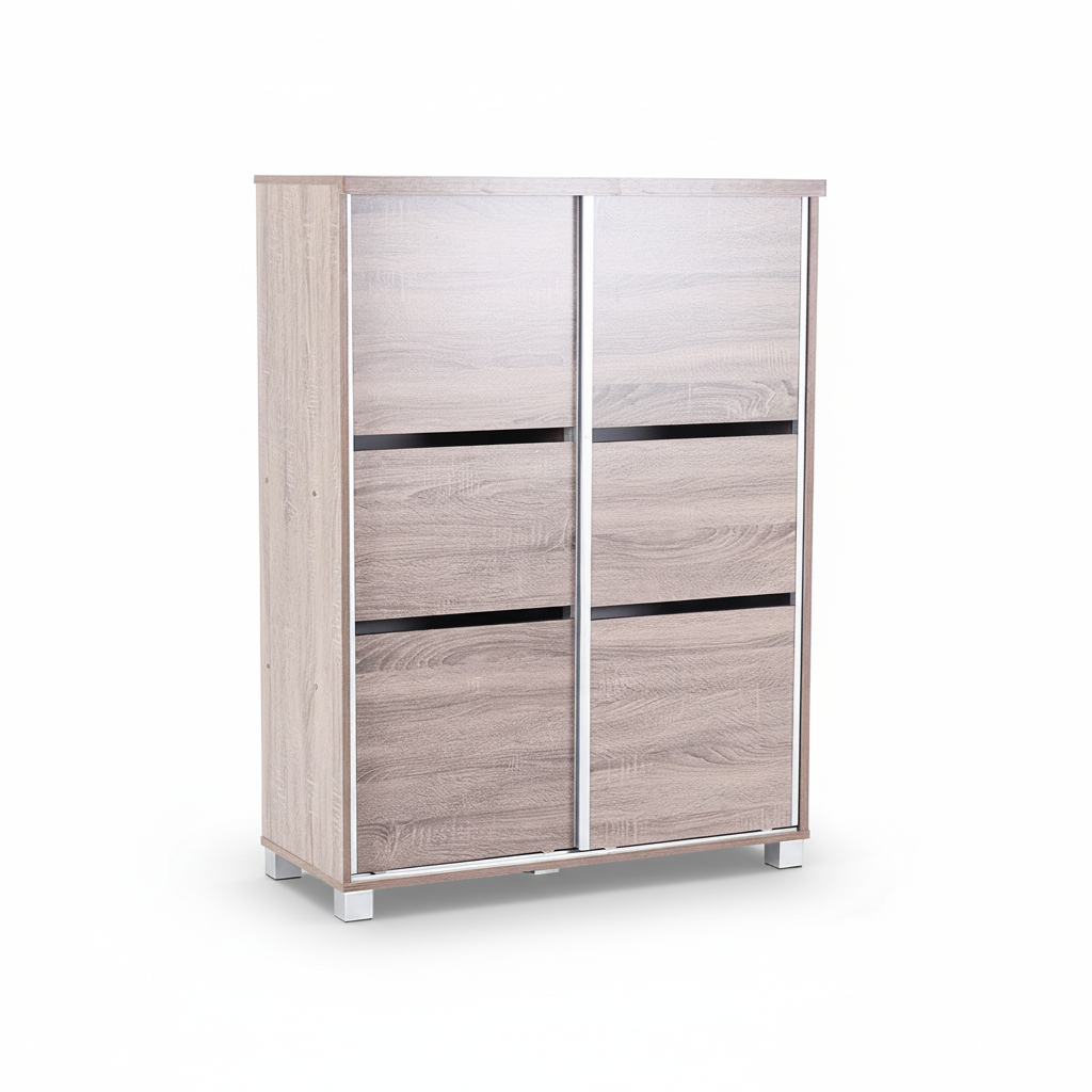 Two-door shoe cabinet with open interior shelves behind two doors