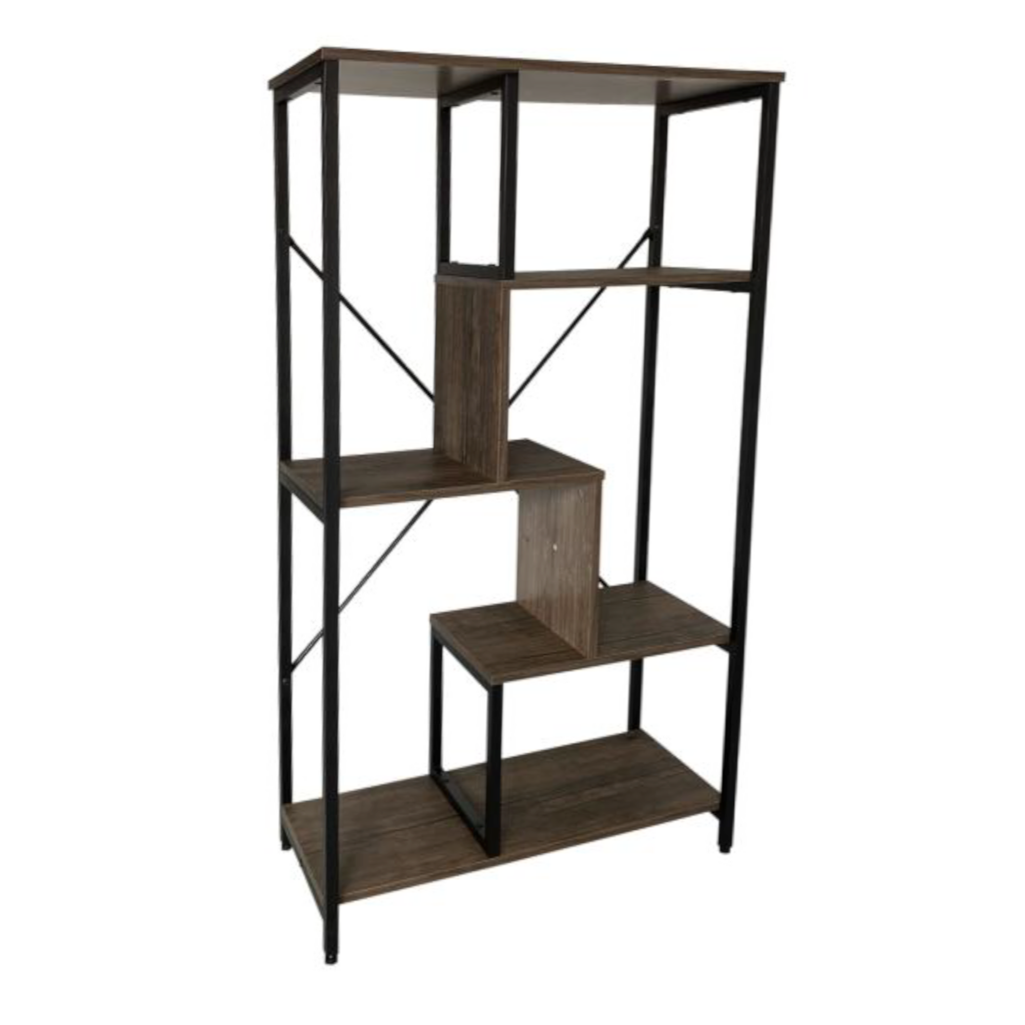 Bookcase with dark wood shelves and black metal frame, open stepped compartments