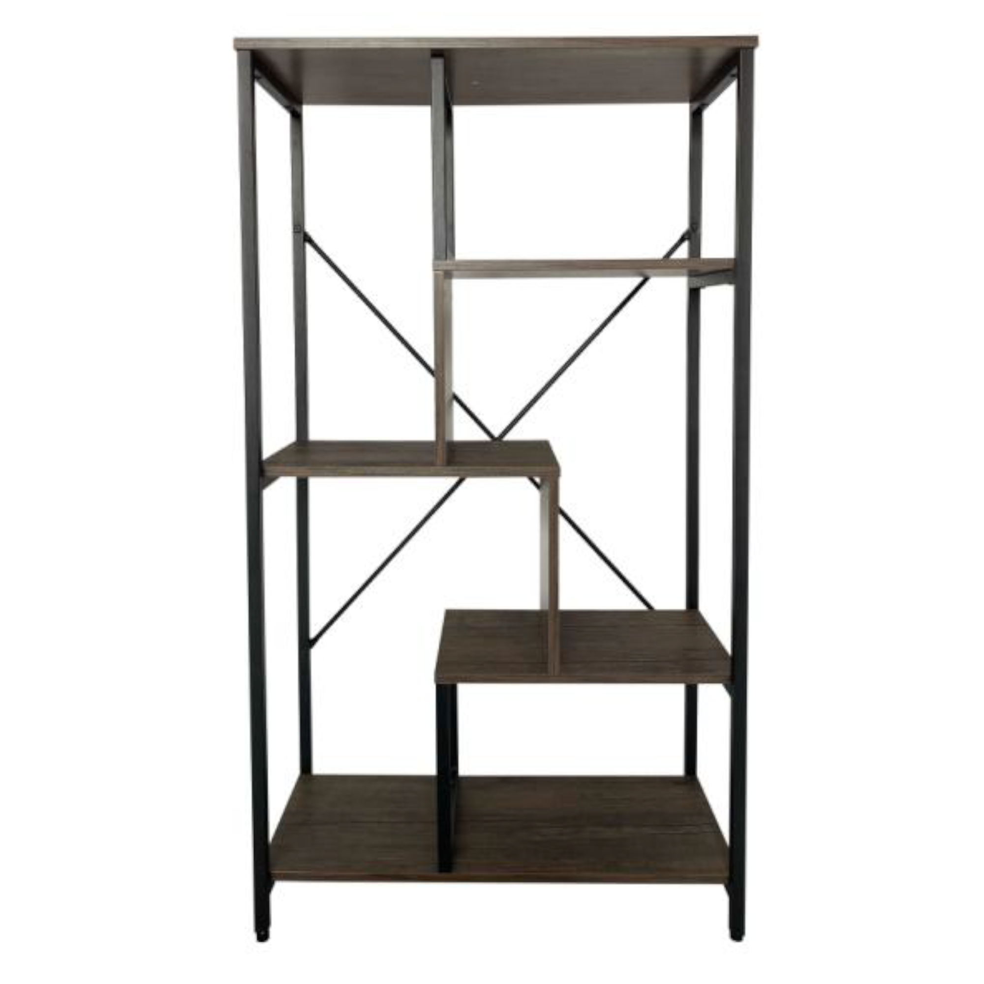 CINDY bookcase with dark shelves, black metal frame, open X-style supports