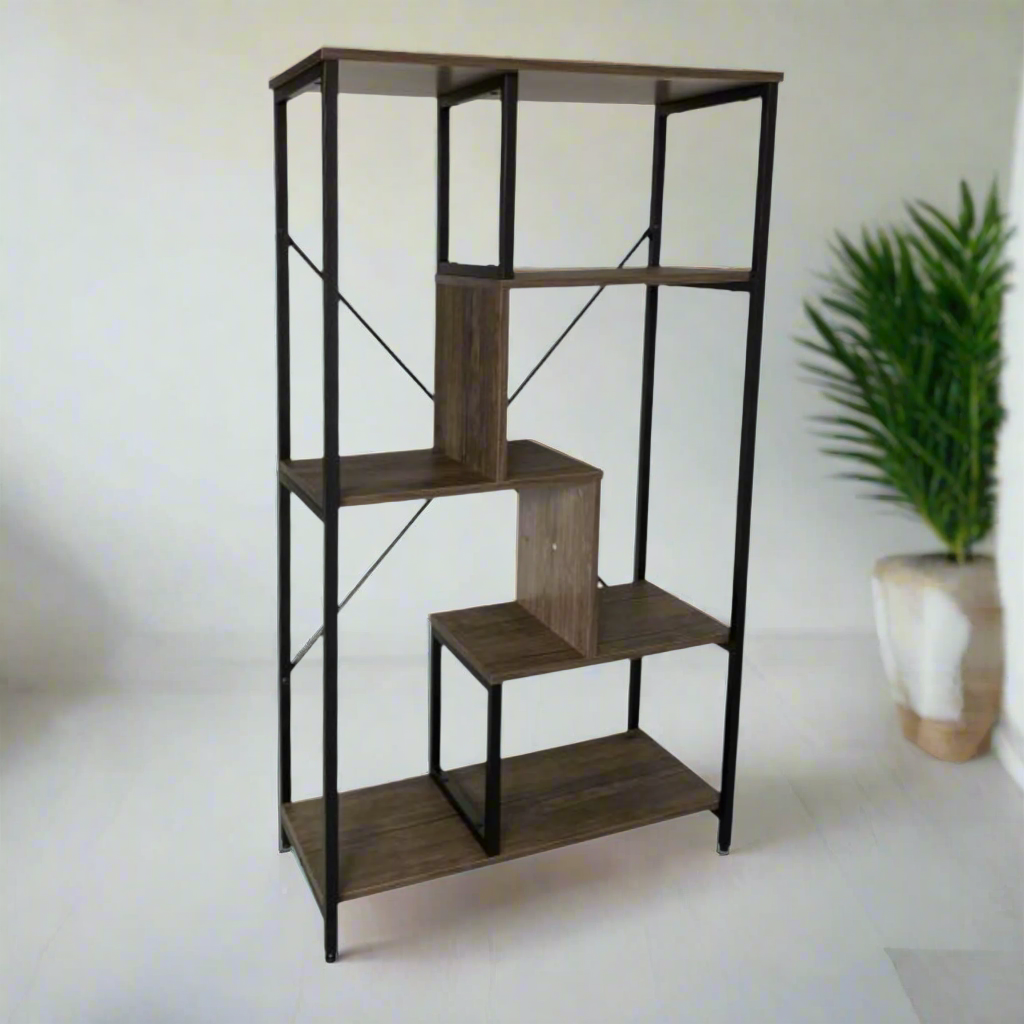 Bookcase with dark shelves, black metal frame, square open cubbies on each level