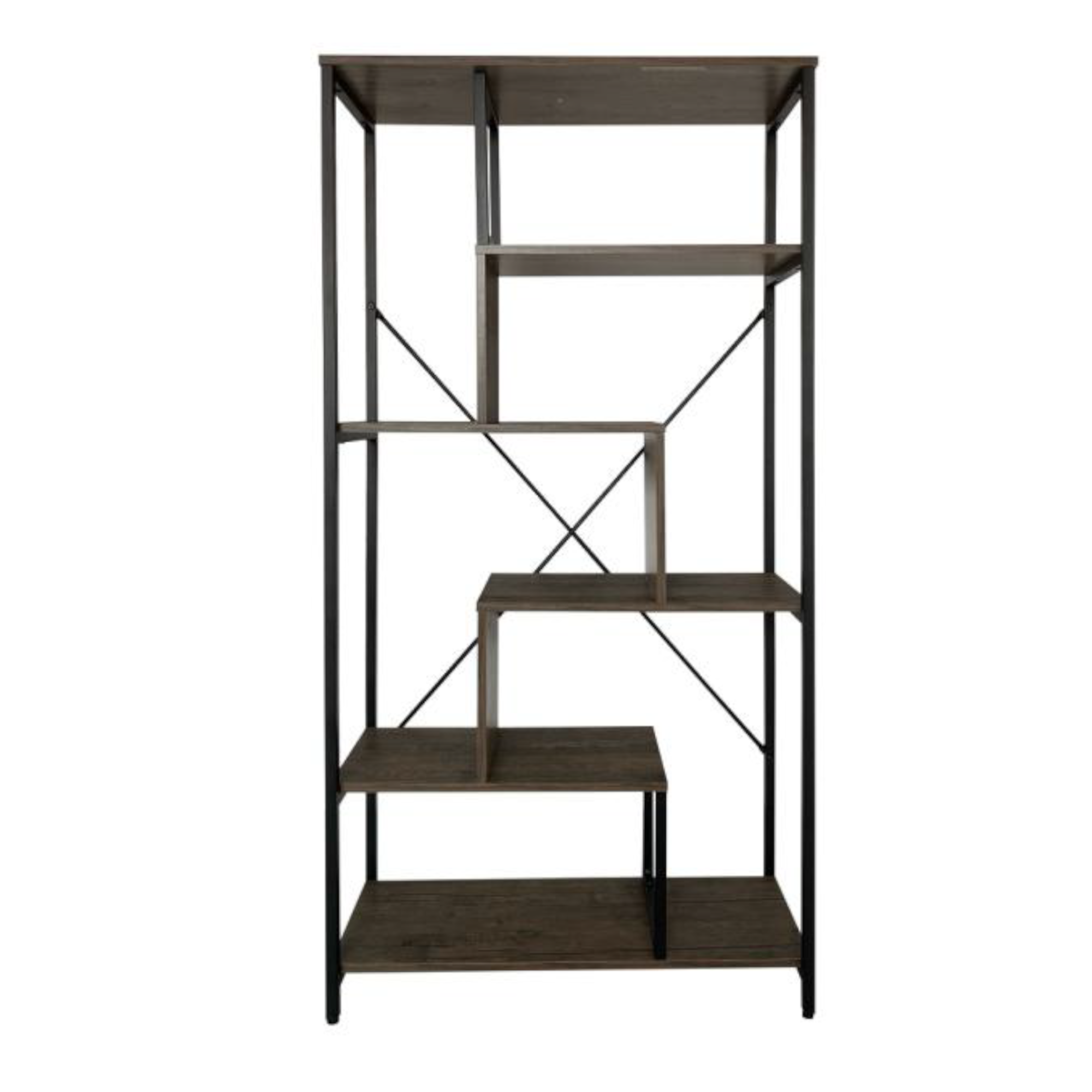 Tall bookcase with dark wood shelves and black metal frame, open back and cross-bracing.