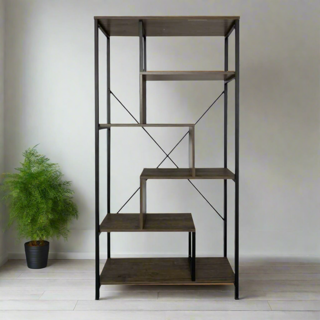 Tall metal bookcase with dark shelves, open cubby layout, X-style supports and vertical rails.