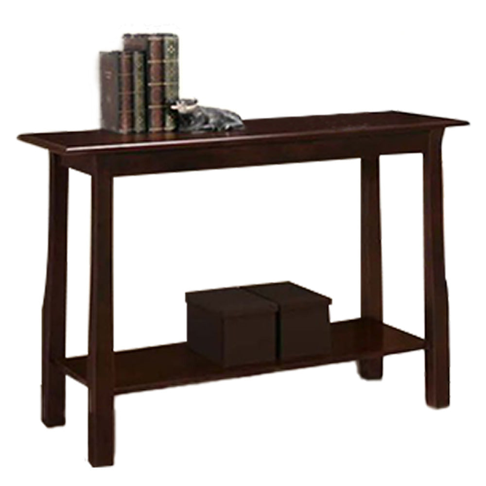 MOXY console table with dark wood frame and lower shelf, rectangular tabletop.