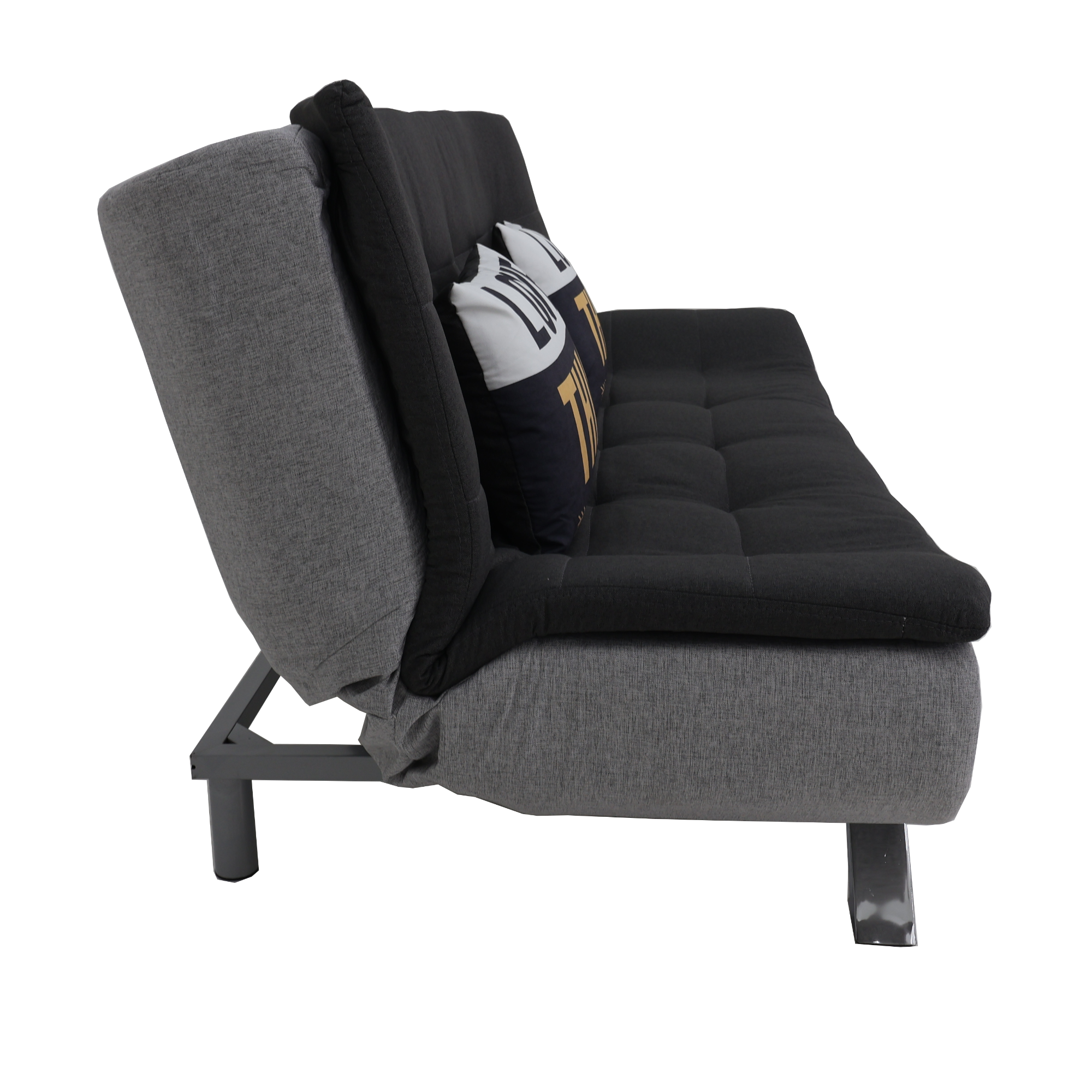 Charcoal sofabed with black backrest and a pillow with “LOVE THIS” text