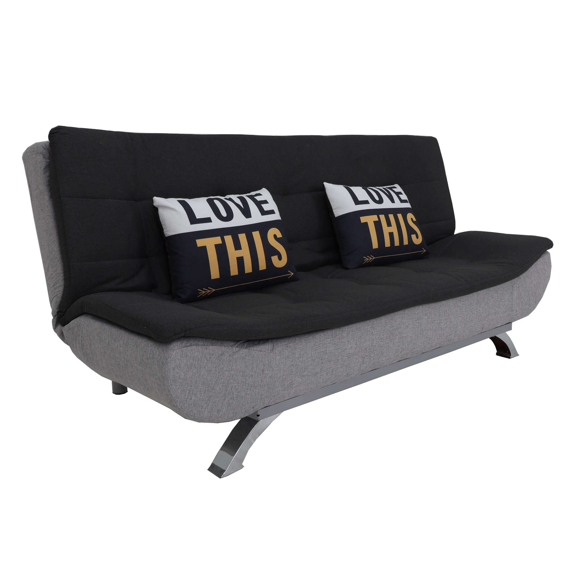 Charcoal sofabed with two “LOVE THIS” pillows and a plush folded base