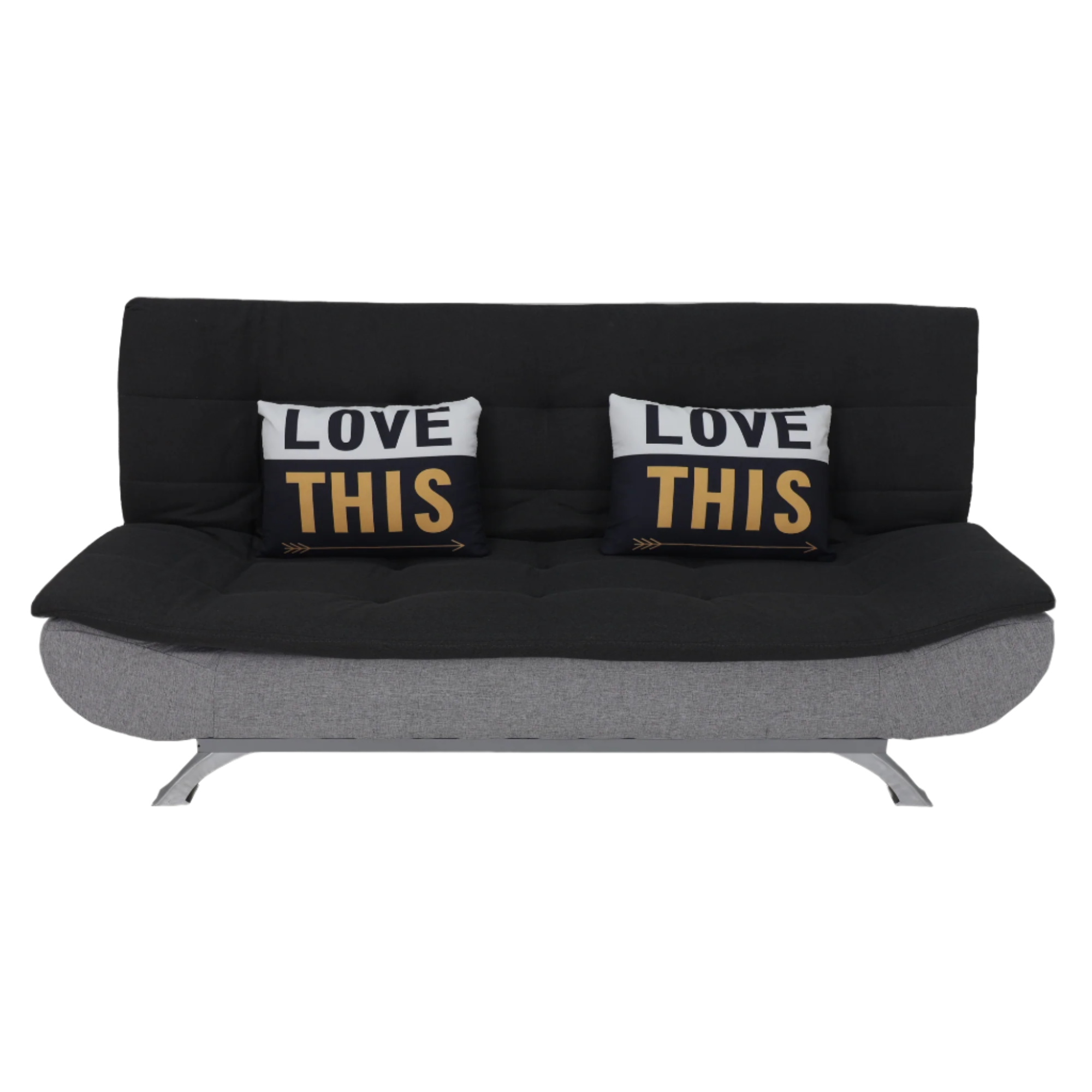 Charcoal-and-black sofabed with two “LOVE THIS” pillows on the backrest