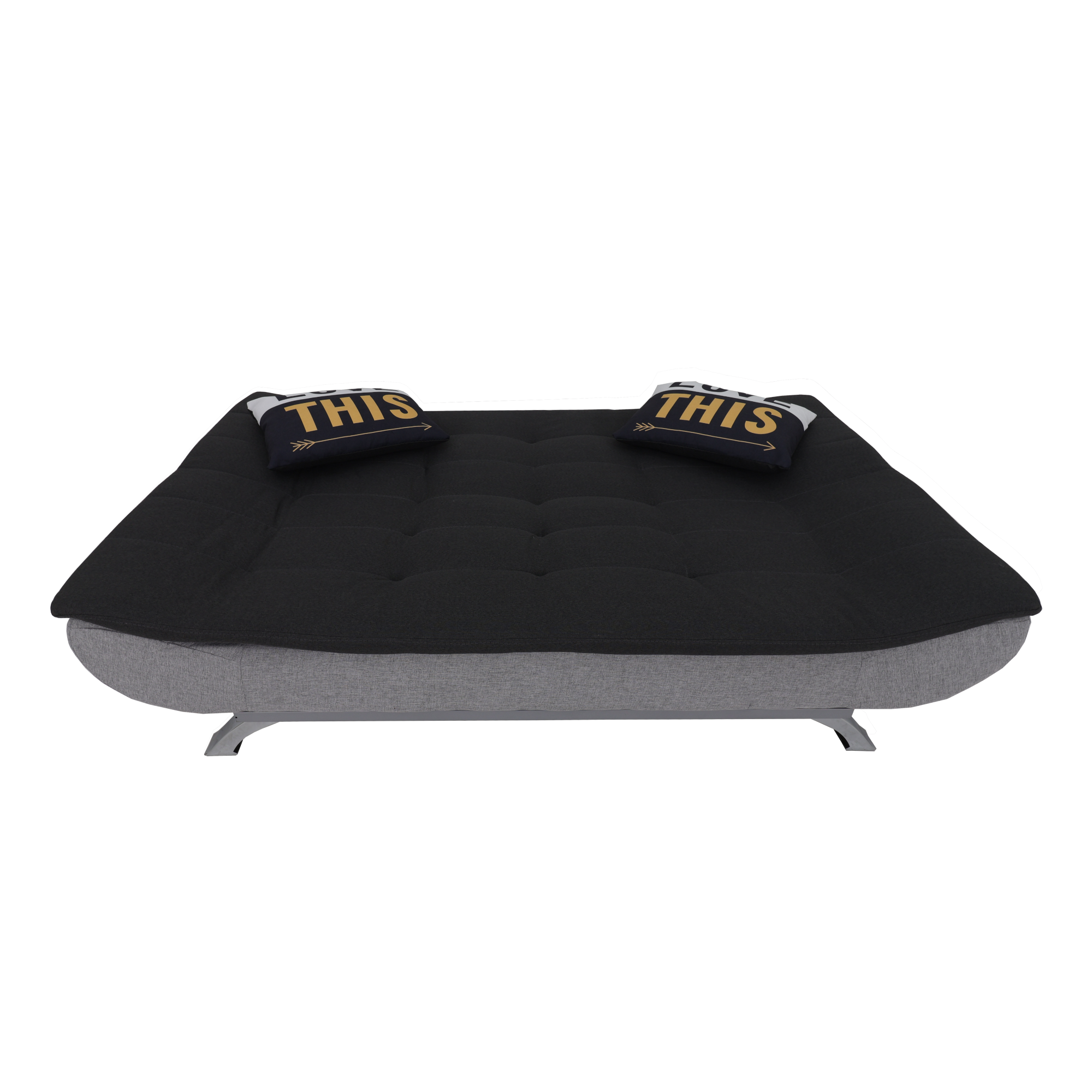 Quilted dark sofabed mattress with two “LOVE THIS” pillows and metal legs