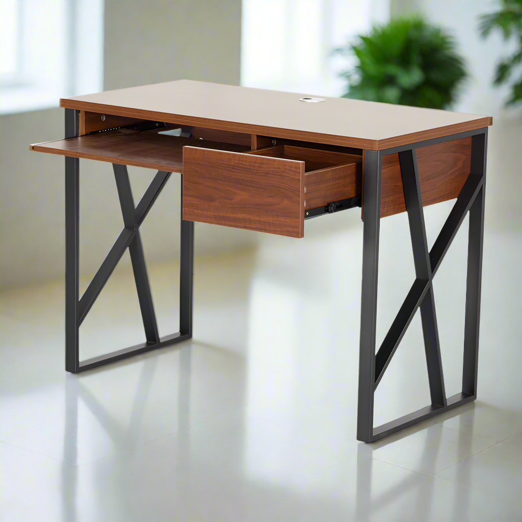 Walnut computer table with pull-out drawer, open keyboard shelf, and black legs