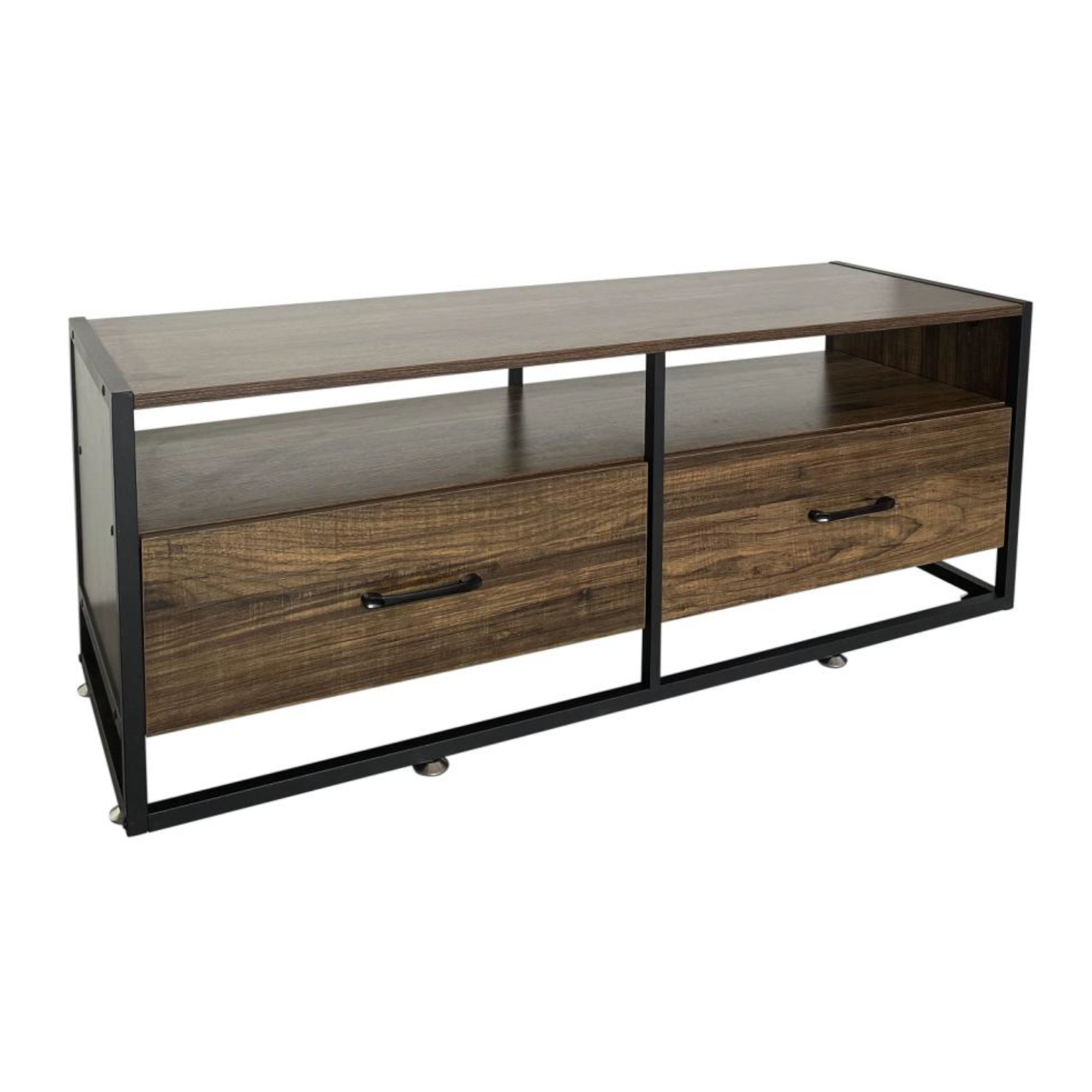 Woodgrain TV stand with black metal frame, two drawers and open shelf