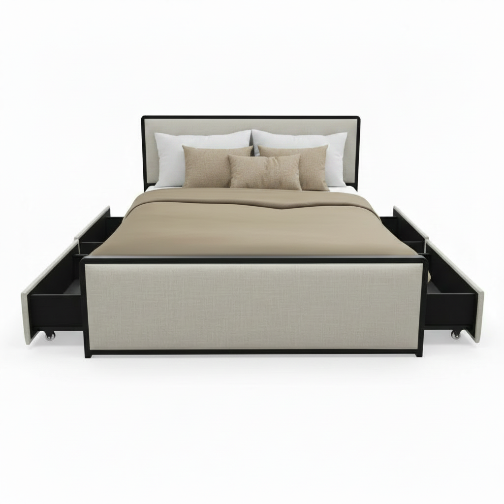 FRANCIS queen bed 60x75 front view with light beige panels, headboard, and pull-out storage