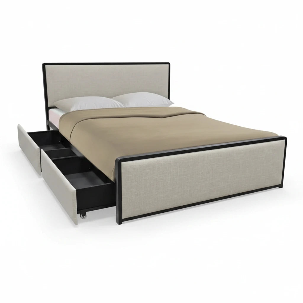 FRANCIS queen bed 60x75 with light beige upholstery, black trim, side storage drawers