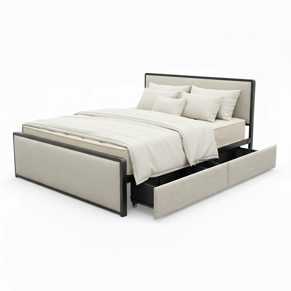 FRANCIS queen bed 60x75 with light beige headboard, white bedding, open side drawers