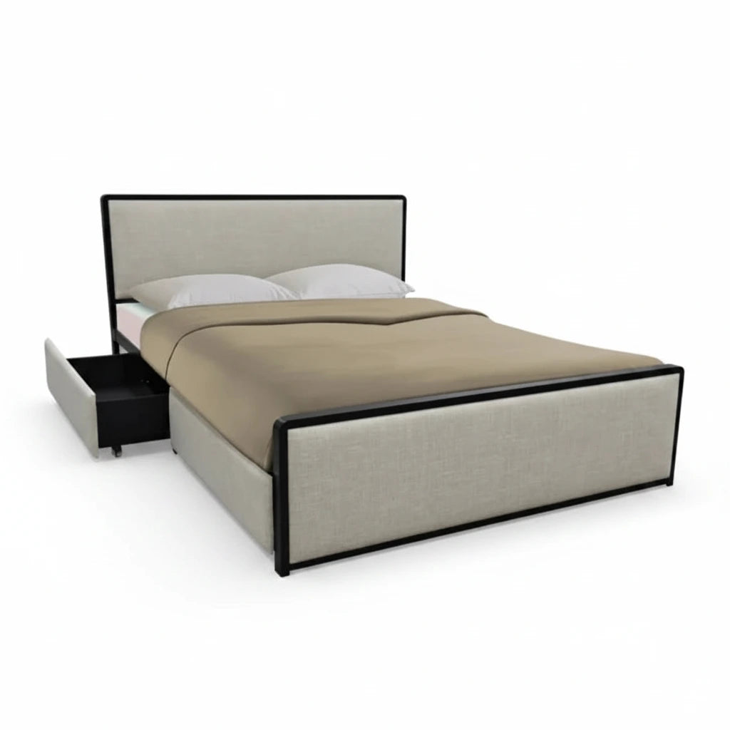 FRANCIS queen bed 60x75 upholstered in light beige with black base and side storage