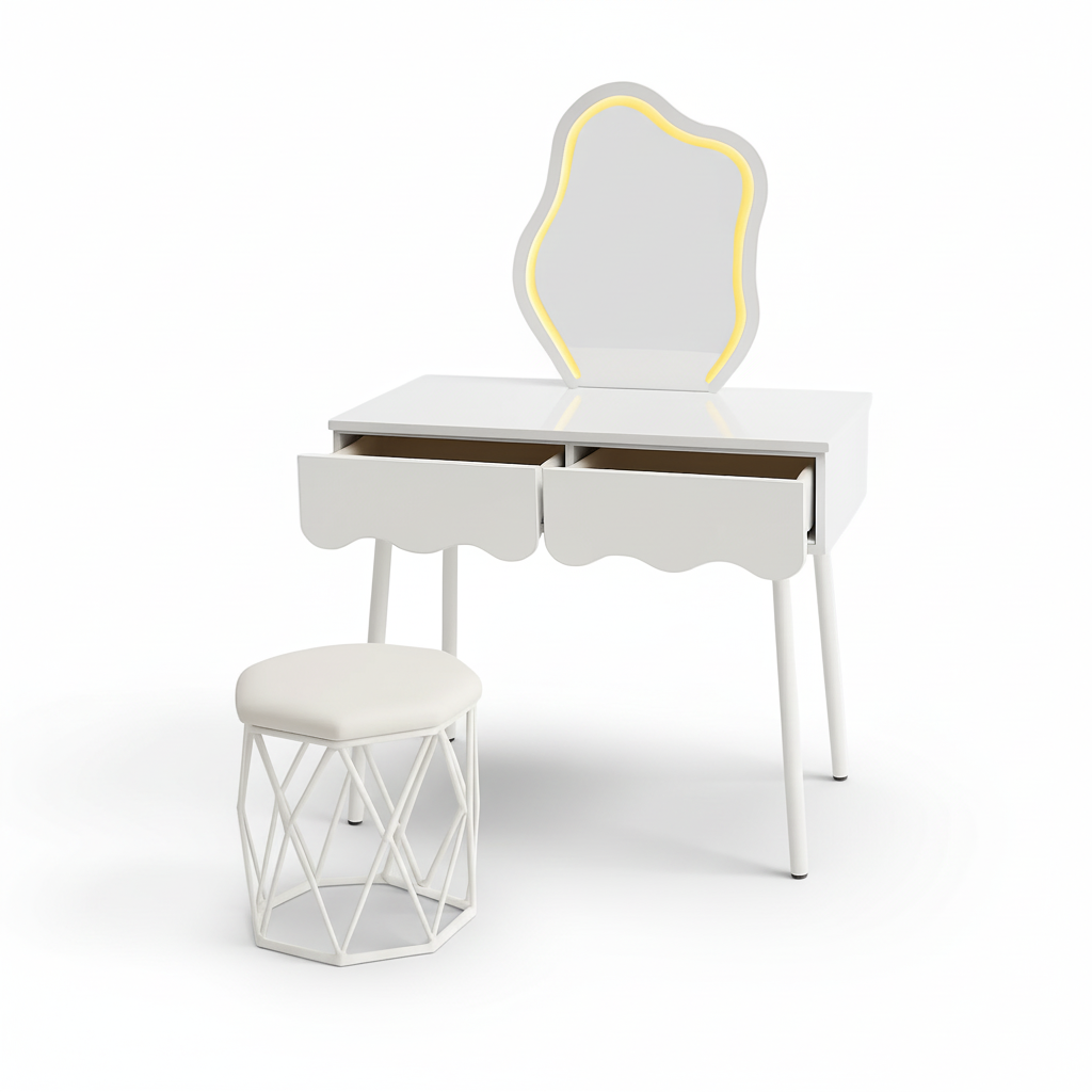 Eliana dresser with arched mirror, two drawers, and white stool