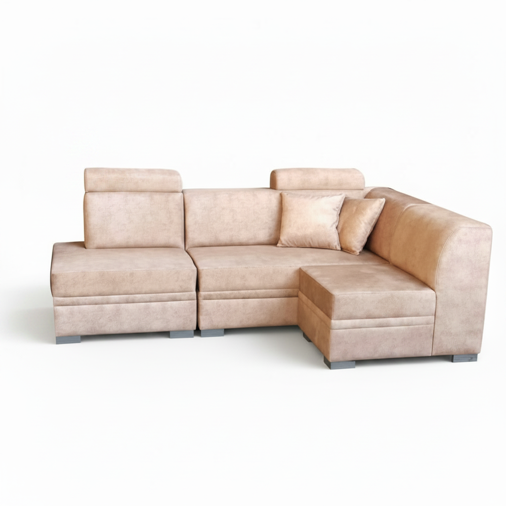 Beige L-shaped fabric sofa with corner chaise and two throw pillows