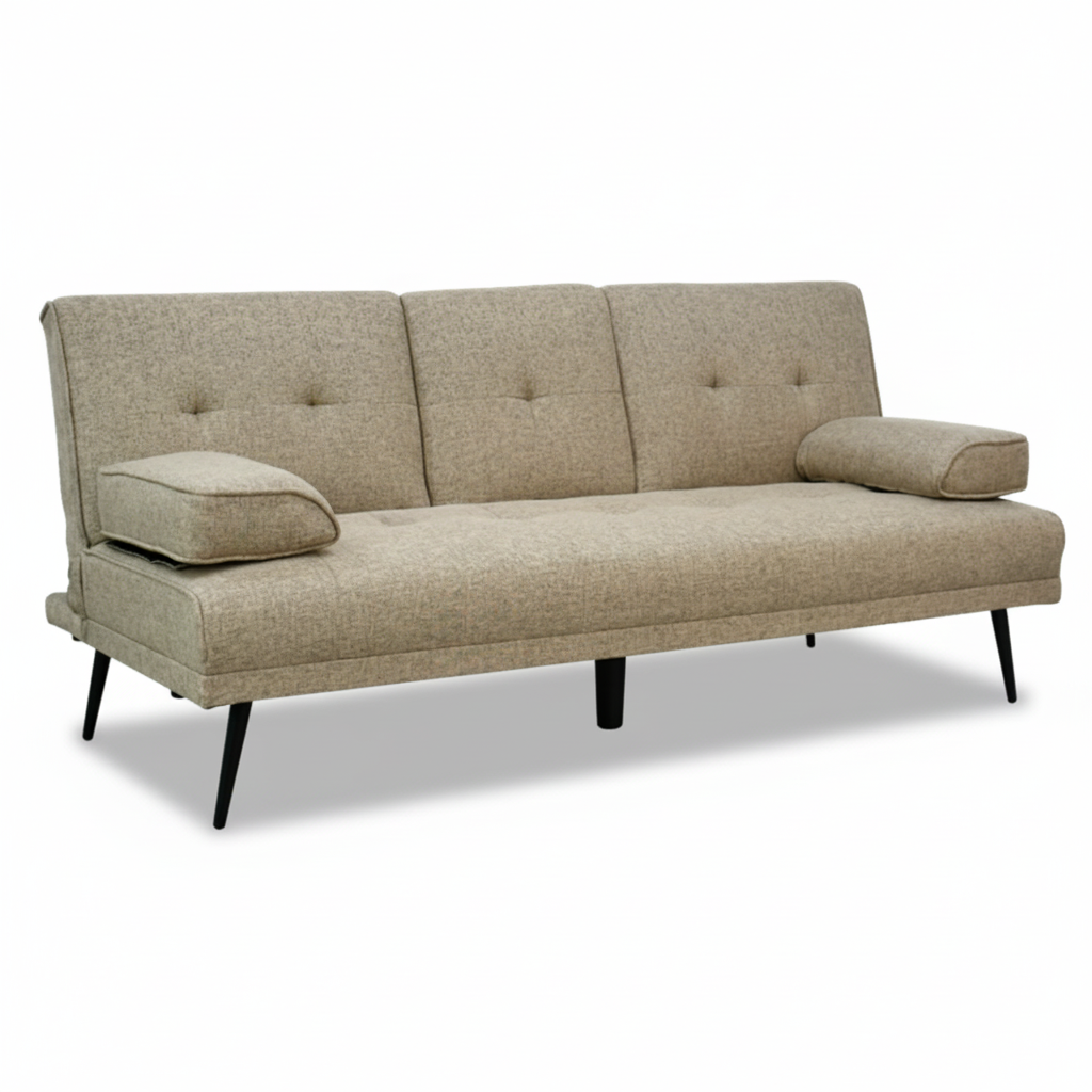 Light brown sofa bed with tufted back, rolled armrests, and black tapered legs