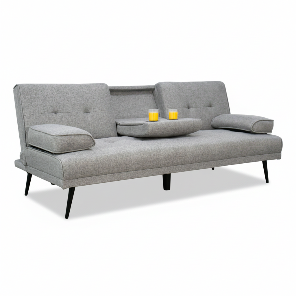 Light gray sofa bed with tufted back, rolled arms, and black tapered legs