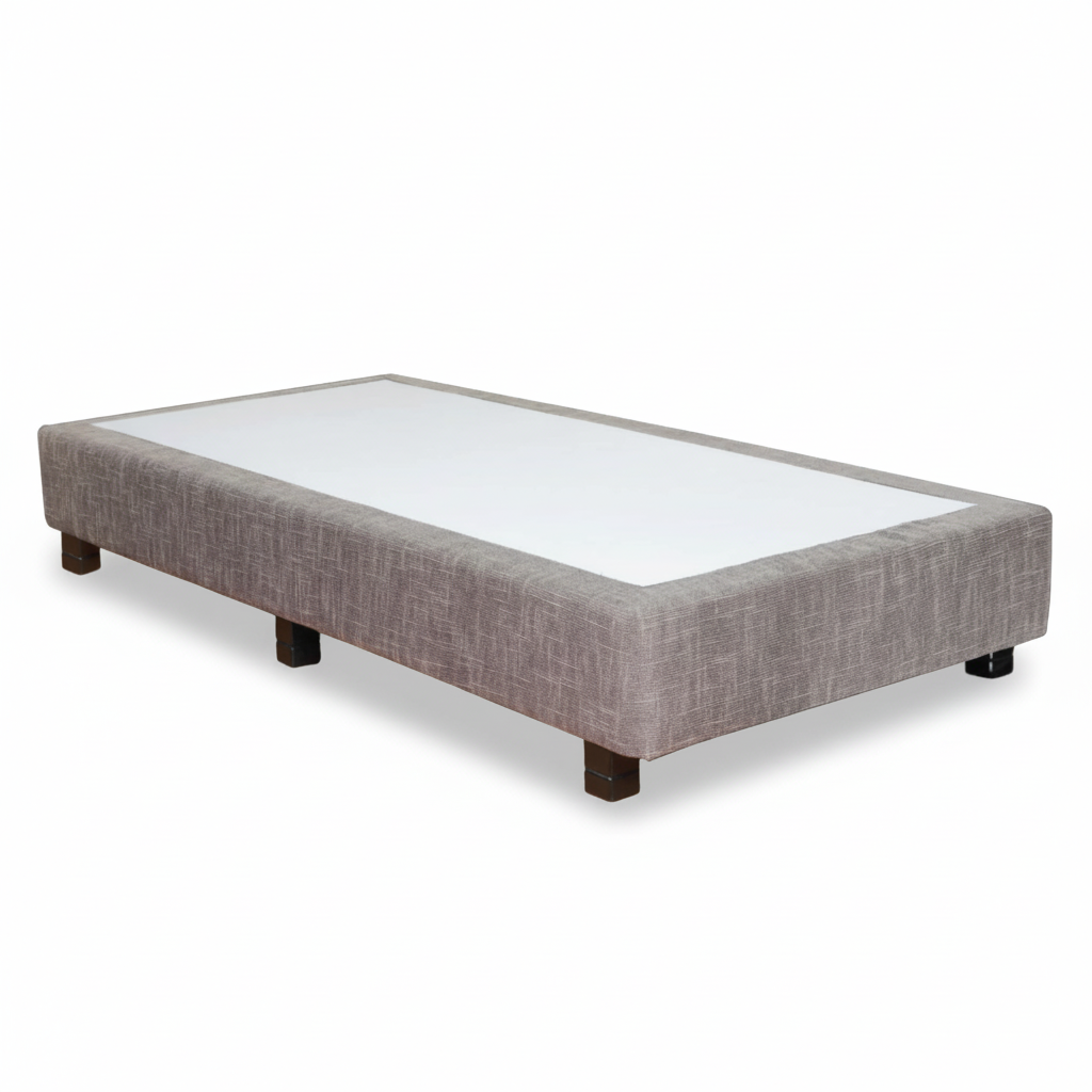 FORTRESS BOXBED bed frame, gray fabric upholstery, low profile, dark wooden feet