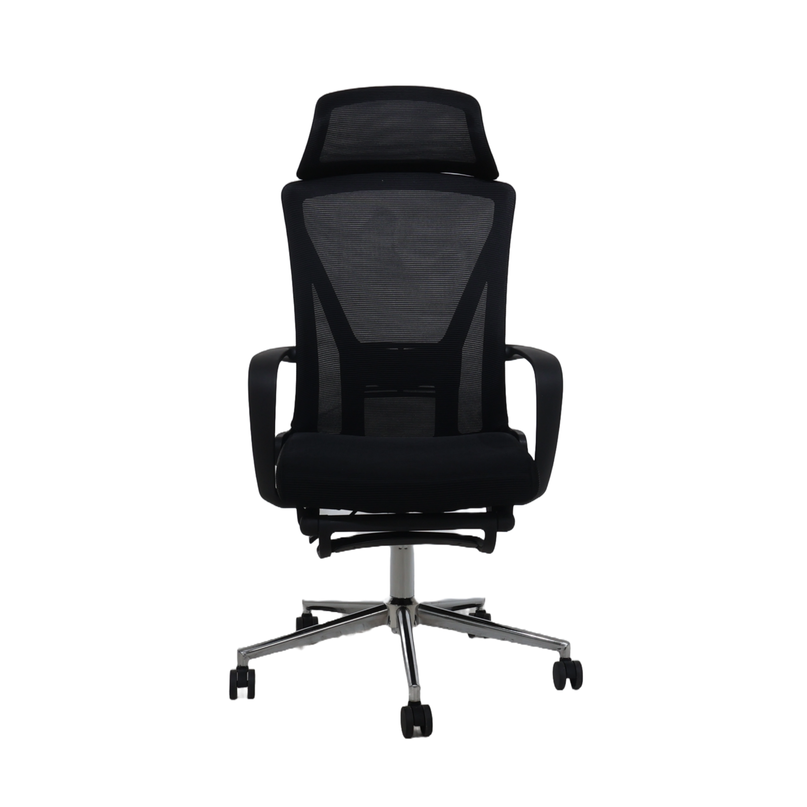 Black executive office chair with mesh back, padded seat, armrests, and rolling base.