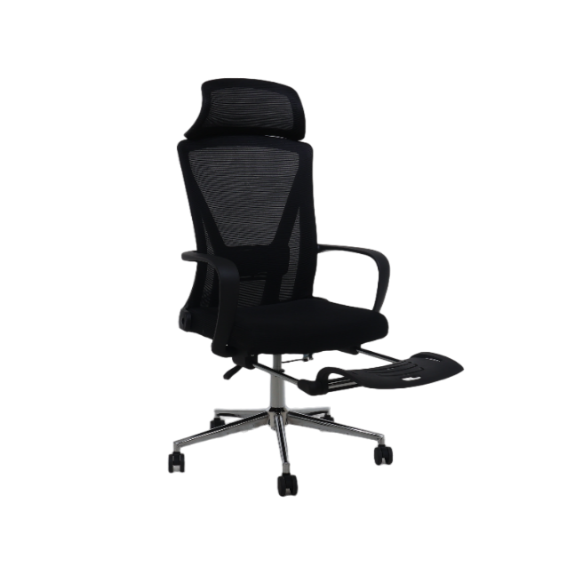 Black executive office chair with mesh back and headrest, padded seat, armrests, and footrest.