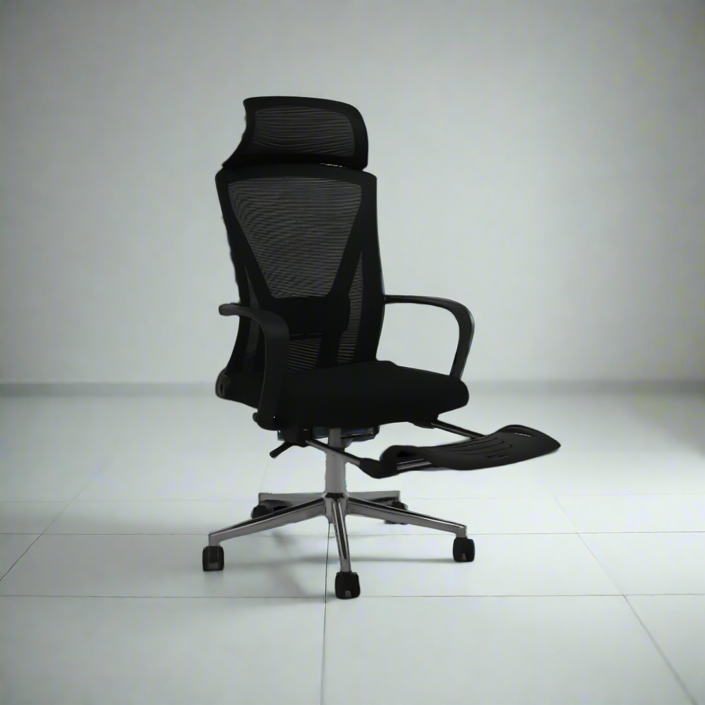 Black executive office chair with mesh back, padded seat, armrests, and rolling base.