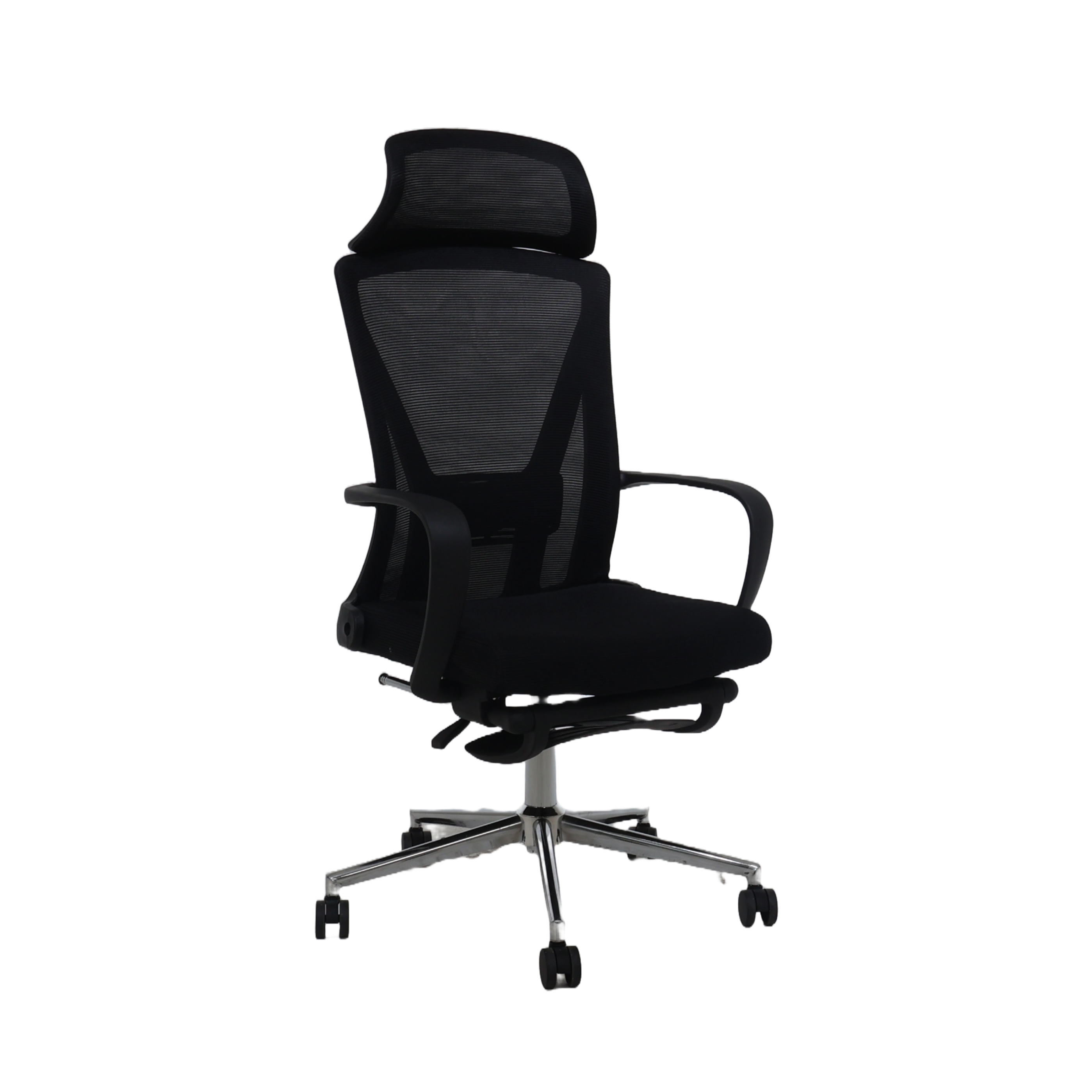 Black executive office chair with mesh back, padded seat, armrests, and rolling base.