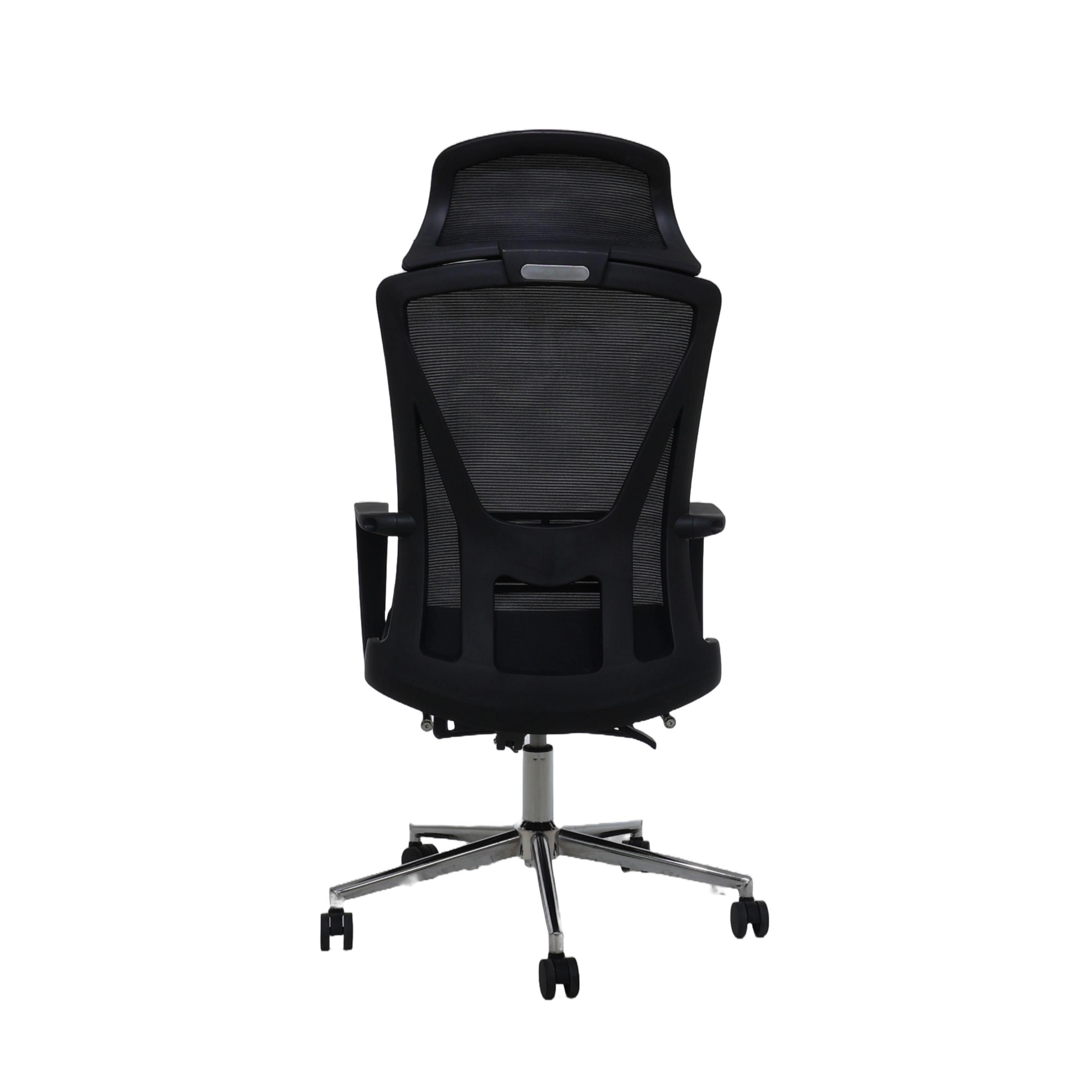 Black executive office chair with mesh back, padded seat, integrated armrests, and rolling base.