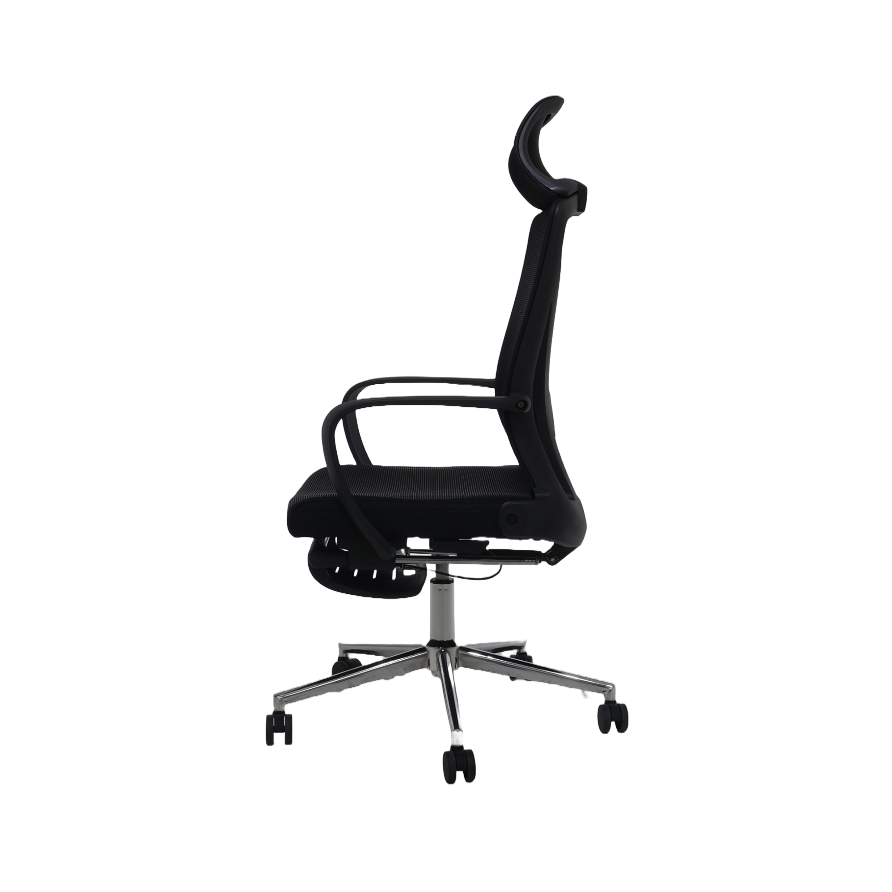 Black executive office chair side view with mesh back, padded seat, and rolling base.